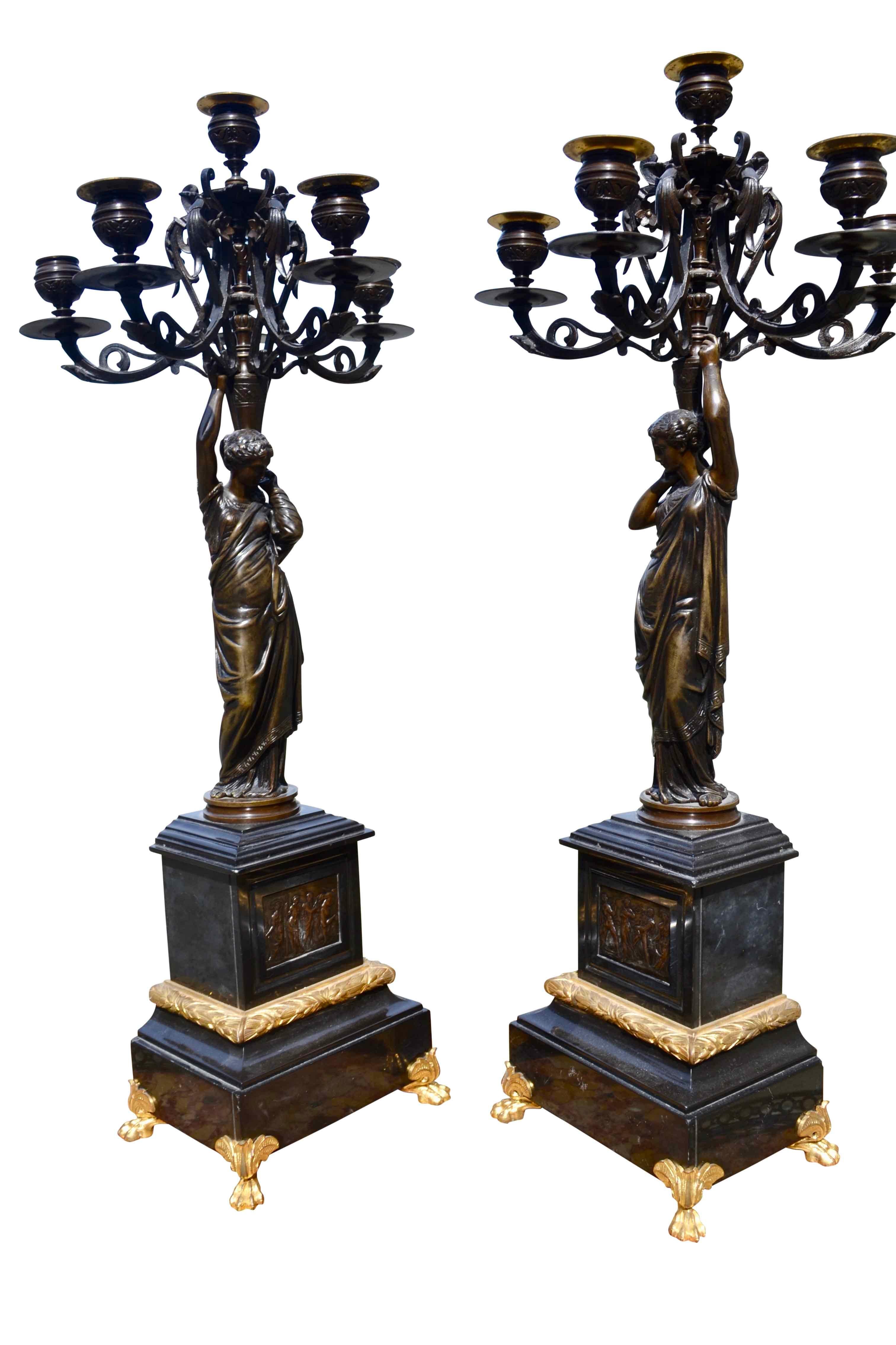 Pair of Napolean III Patinated Bronze Figural Candelabra In Good Condition For Sale In Vancouver, British Columbia