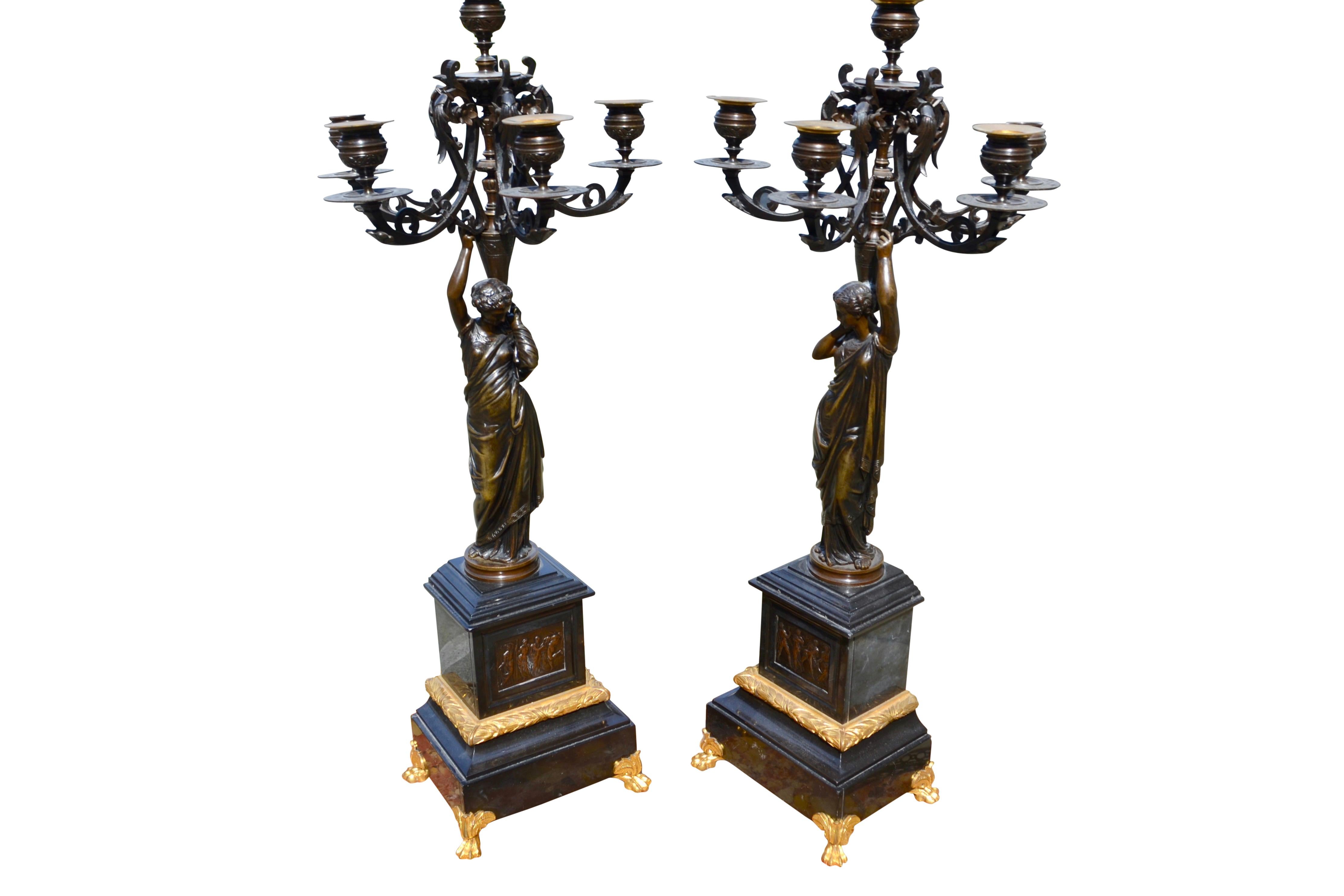 French Pair of Napolean III Patinated Bronze Figural Candelabra For Sale