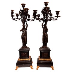 Pair of Napolean III Patinated Bronze Figural Candelabra