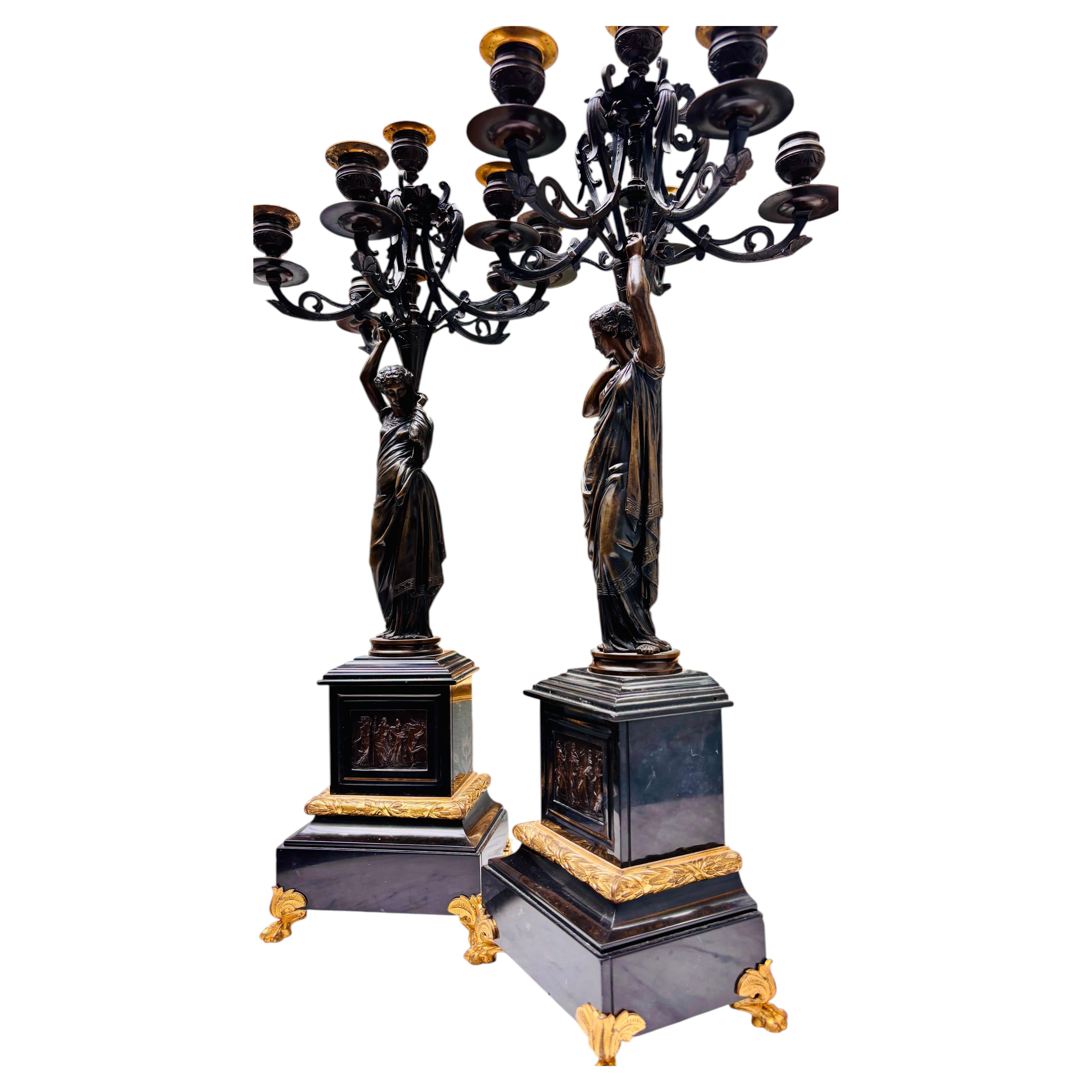 Pair of Napolean III Patinated Bronze Figural Candelabra For Sale