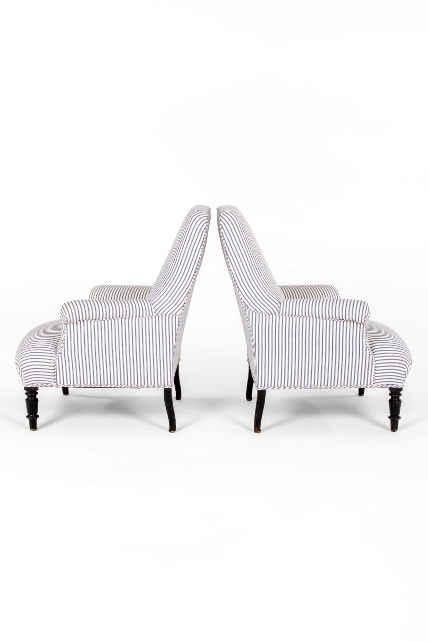 French Provincial Pair of Napoleon armchairs in Blue Ticking