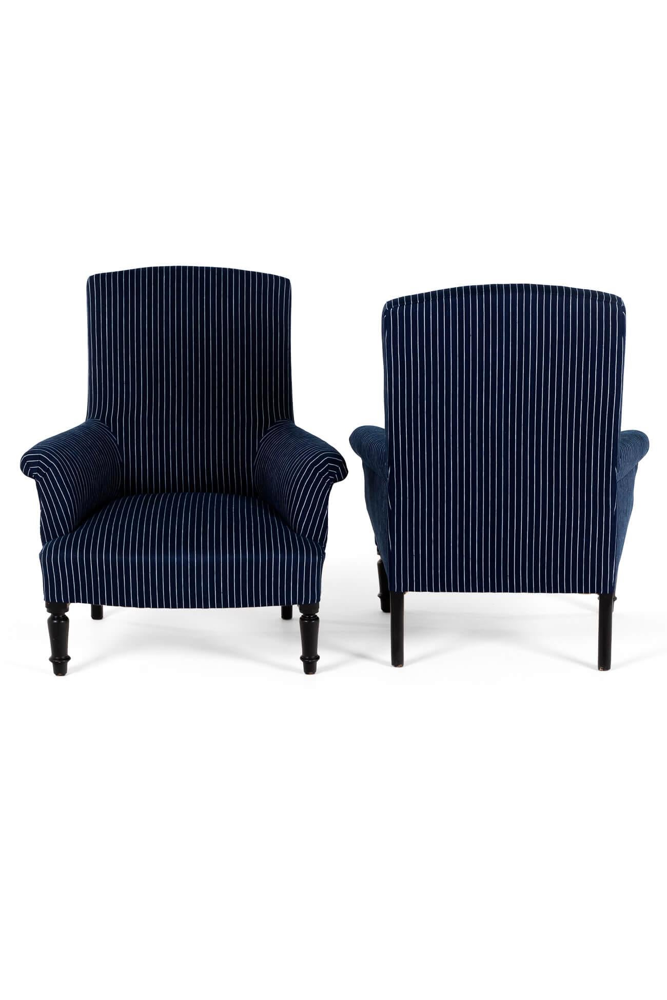 French Pair of Napoleon armchairs in Woven Navy Stripe For Sale