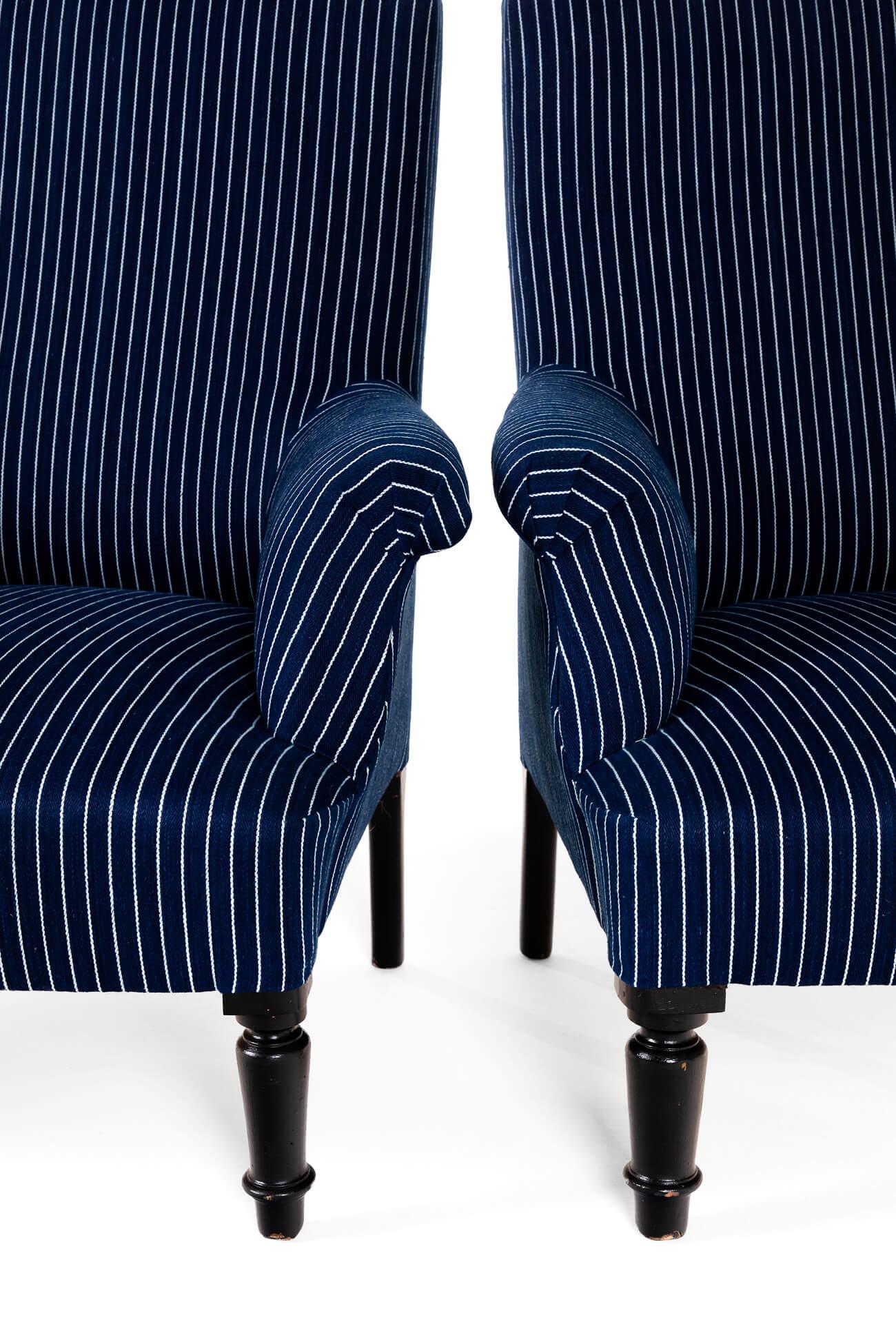 Hand-Crafted Pair of Napoleon armchairs in Woven Navy Stripe For Sale