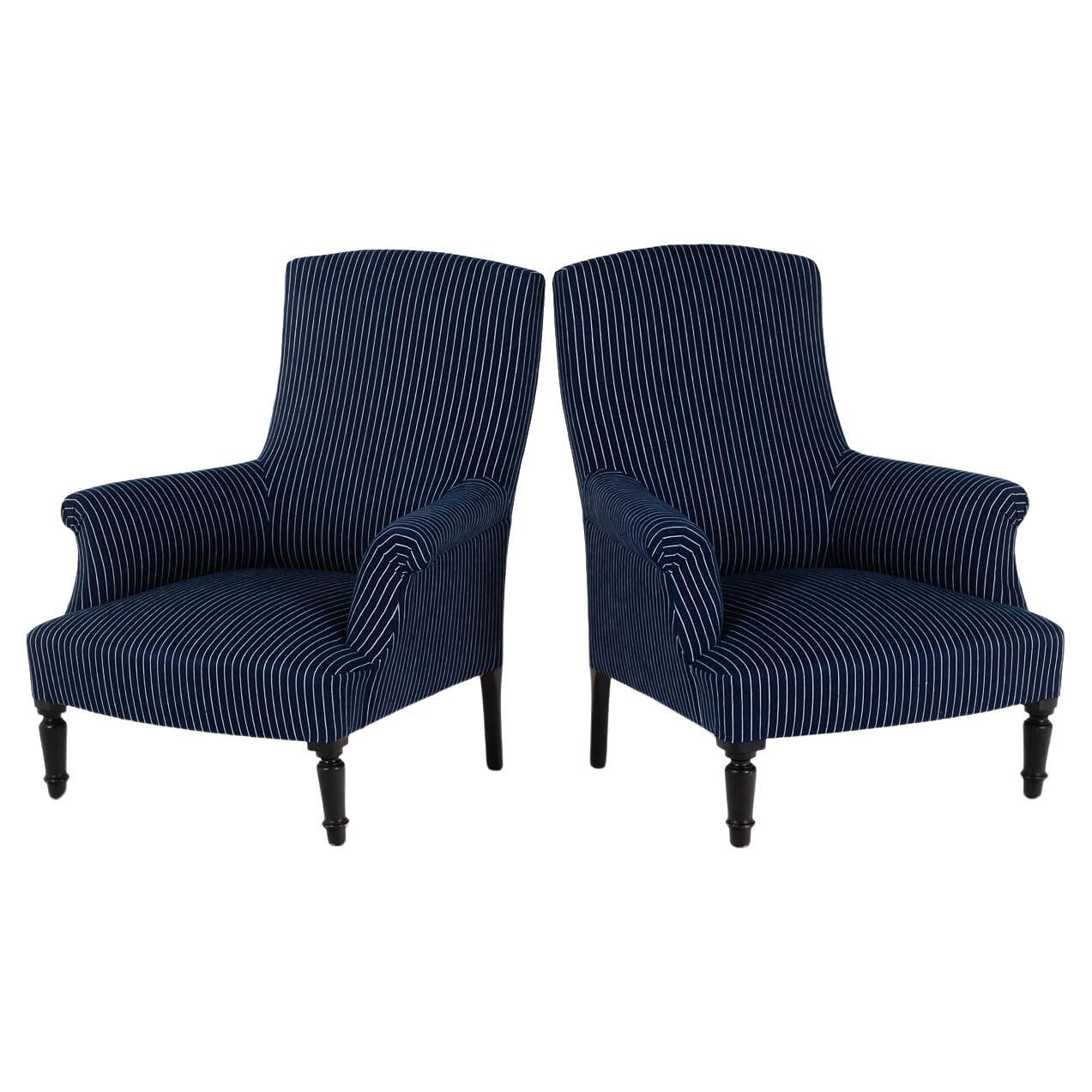 Pair of Napoleon armchairs in Woven Navy Stripe For Sale
