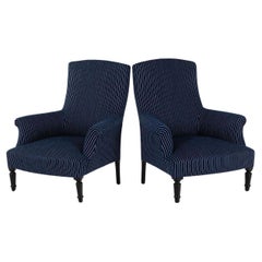 Antique Pair of Napoleon armchairs in Woven Navy Stripe