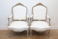 Pair of Napoléon III 1850s Painted and Upholstered Armchairs with Carved Flowers