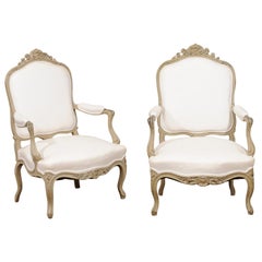 Antique Pair of Napoléon III 1850s Painted and Upholstered Armchairs with Carved Flowers