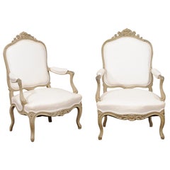 Pair of Napoléon III 1850s Painted and Upholstered Armchairs with Carved Flowers