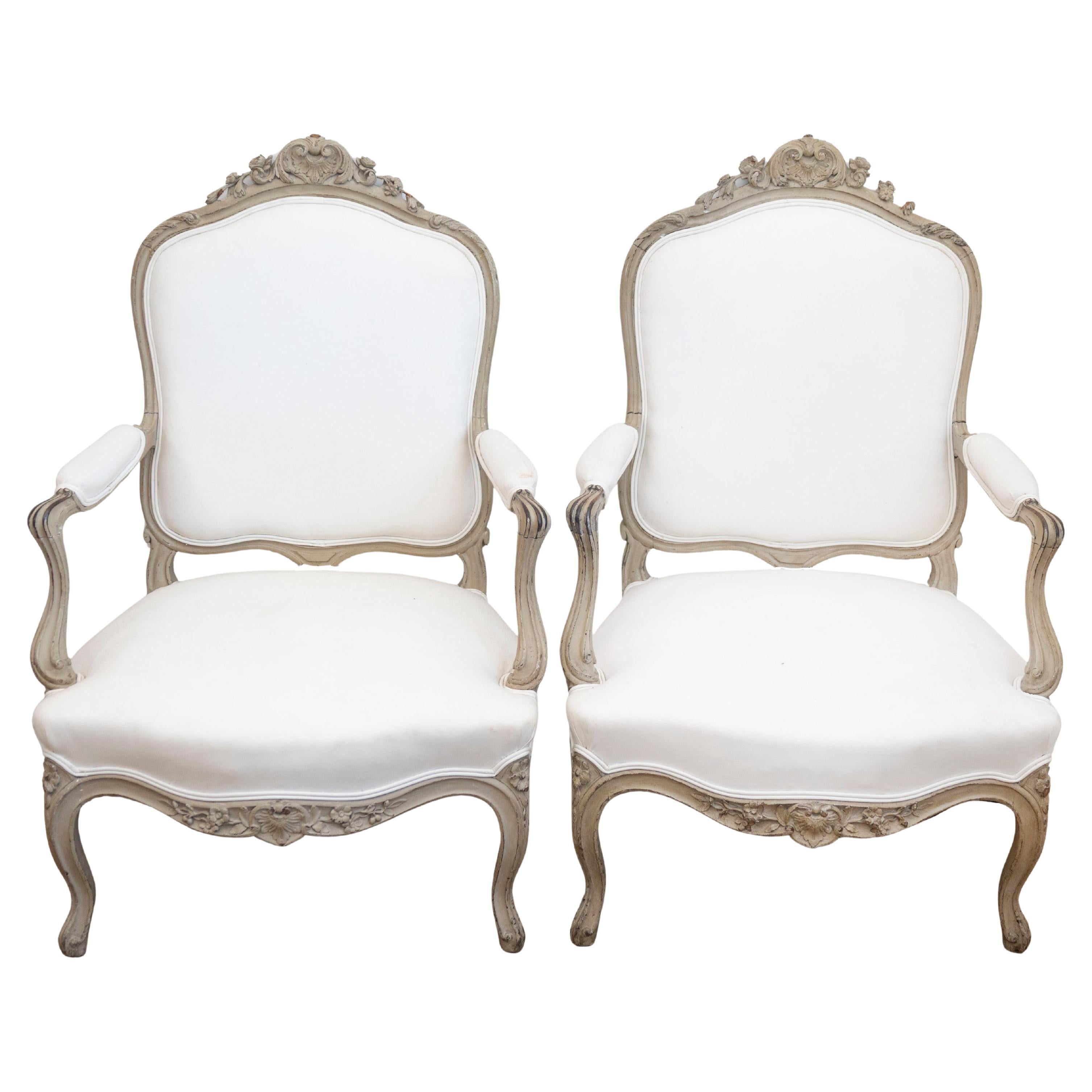 Pair of Napoléon III 1850s Painted and Upholstered Armchairs with Carved Flowers