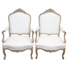 Pair of Napoléon III 1850s Painted and Upholstered Armchairs with Carved Flowers