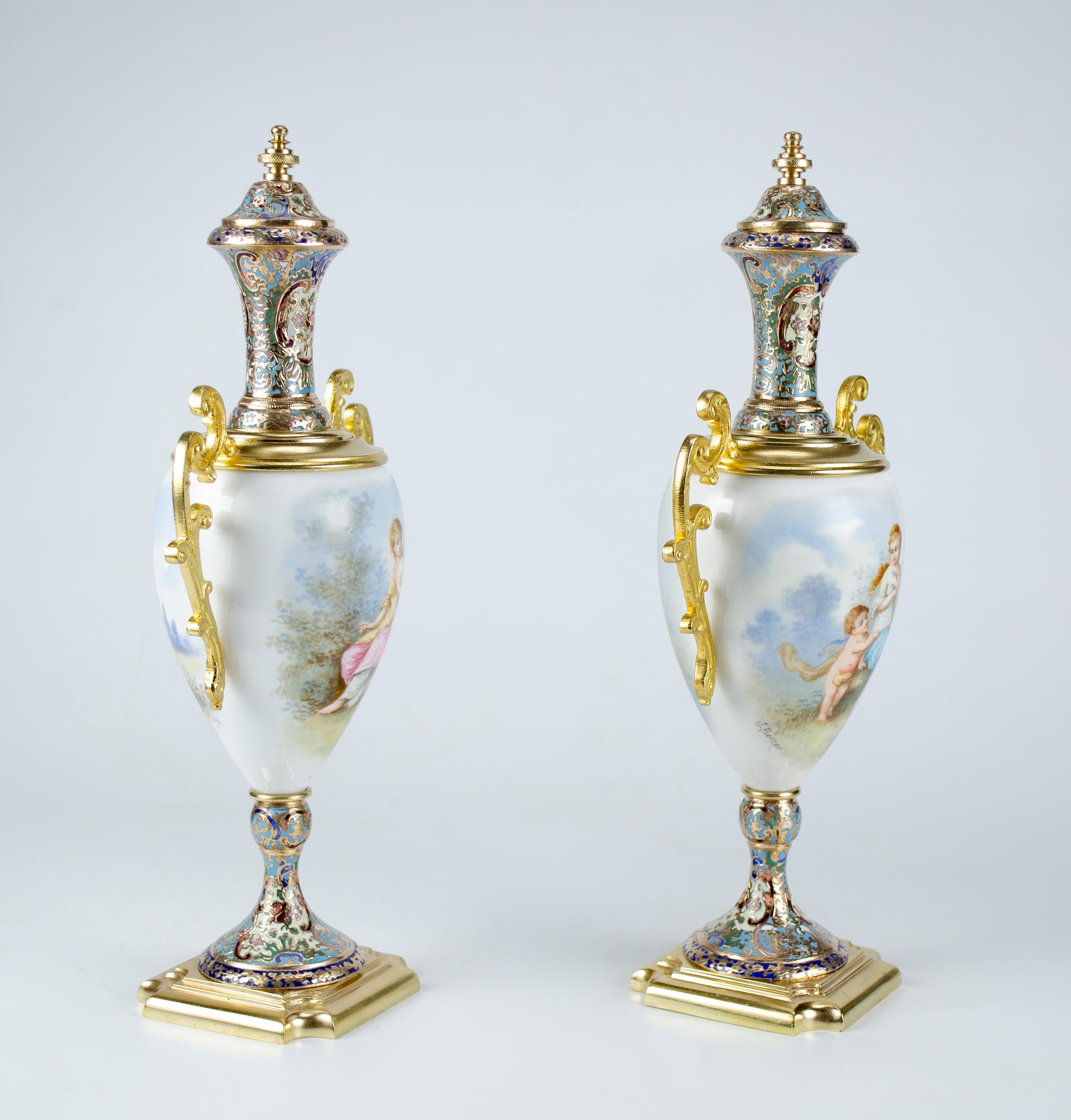 Pair of Napoleon III amphorae
great quality piece
Sevres-style
Porcelain and gilt bronze
Hand painted and signed J bouzon
Champleve enamel
perfect condition
Origin France Circa 1900
without restorations.
The Napoleon III style had its heyday during