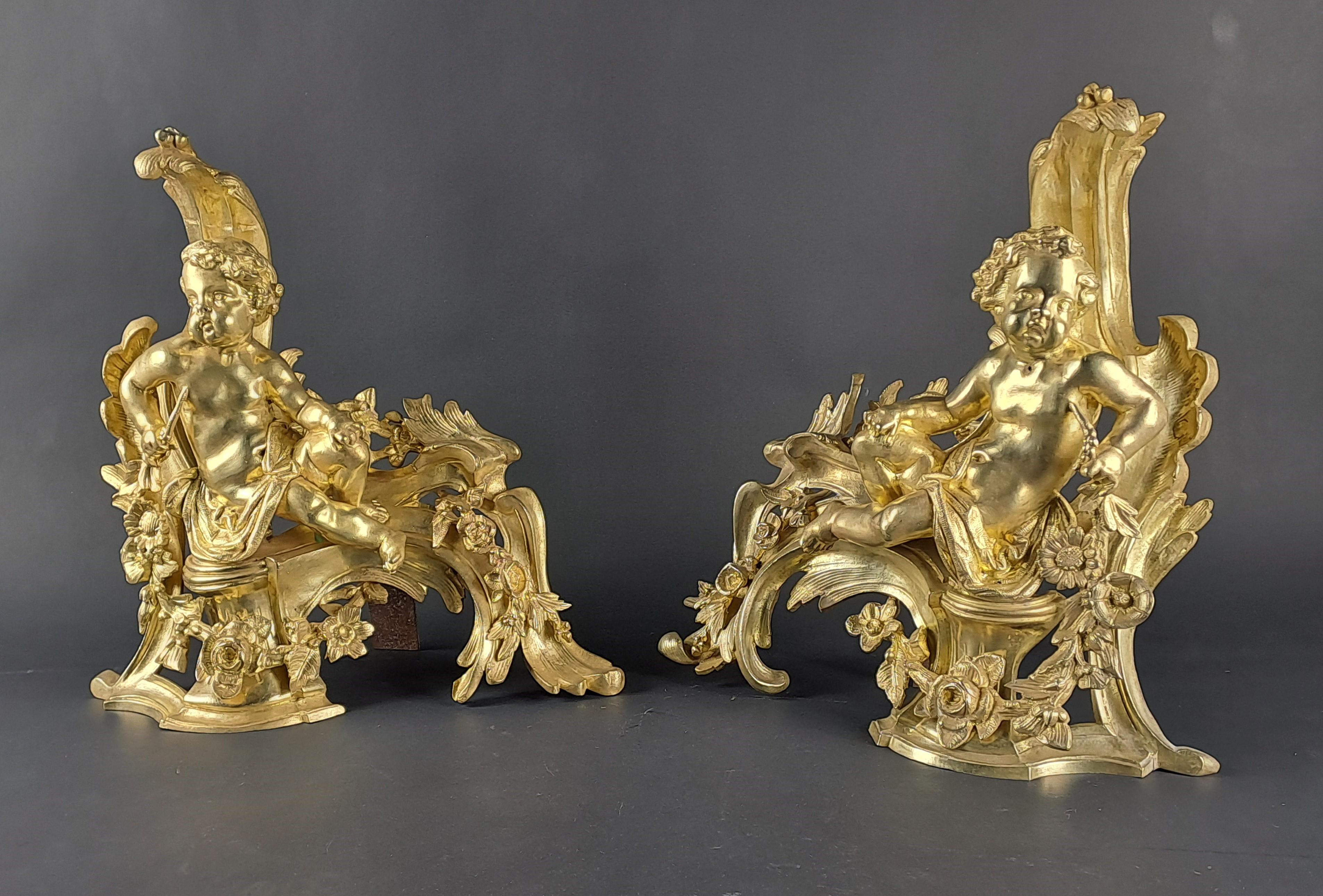 Pair Of Napoleon III Andirons With Putti In Gilded Bronze For Sale 4