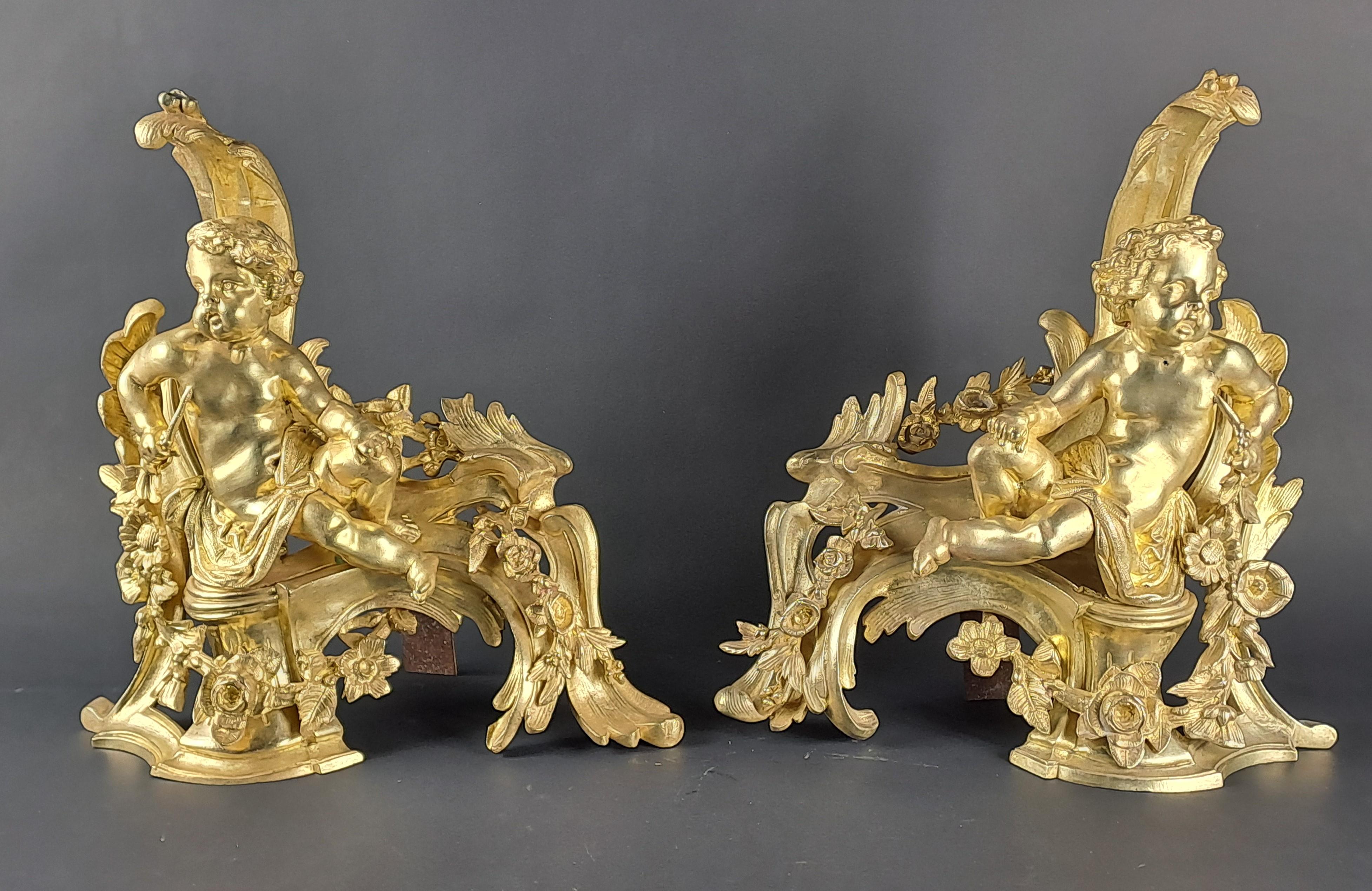 French Pair Of Napoleon III Andirons With Putti In Gilded Bronze For Sale