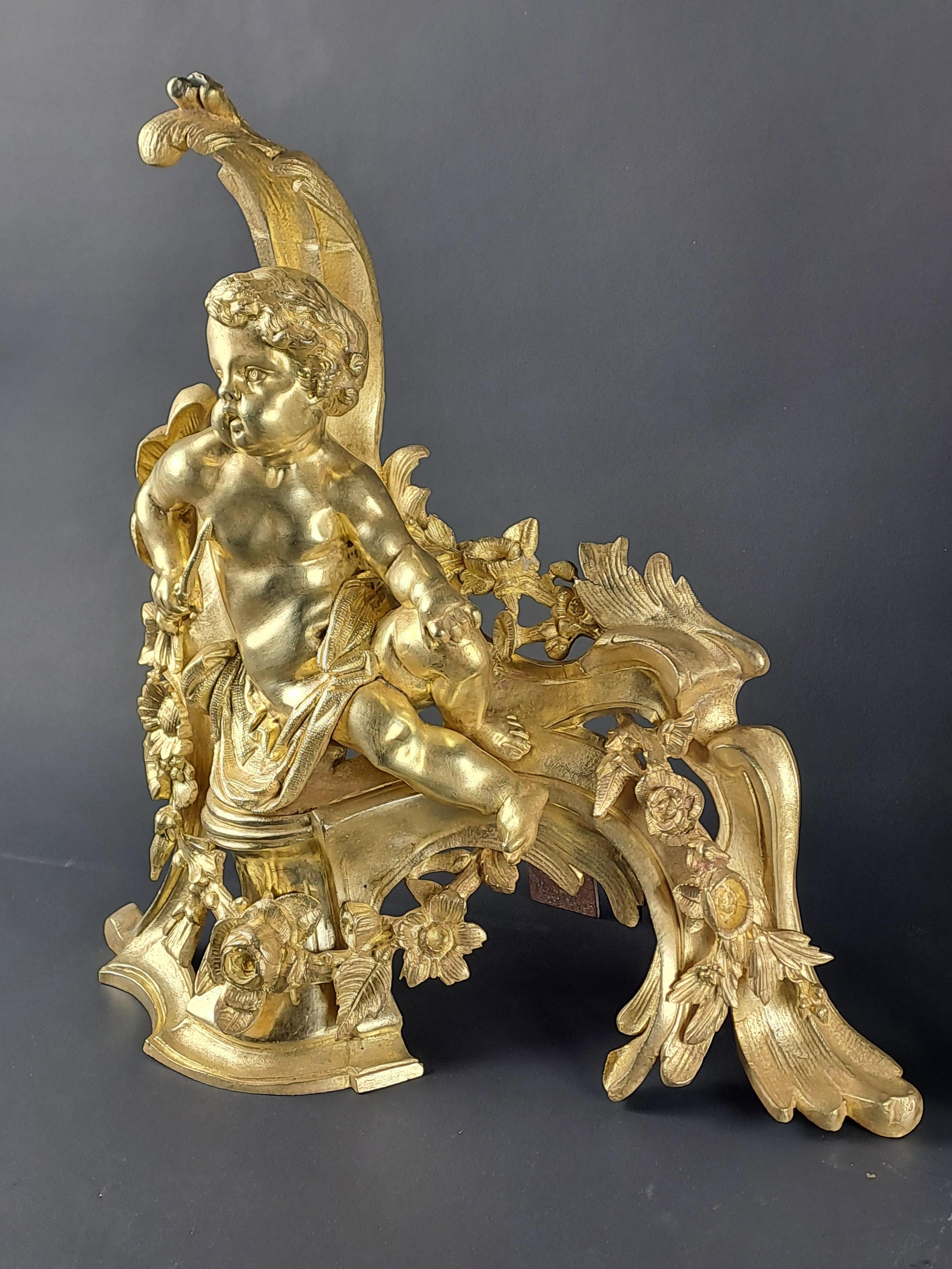 Gilt Pair Of Napoleon III Andirons With Putti In Gilded Bronze For Sale