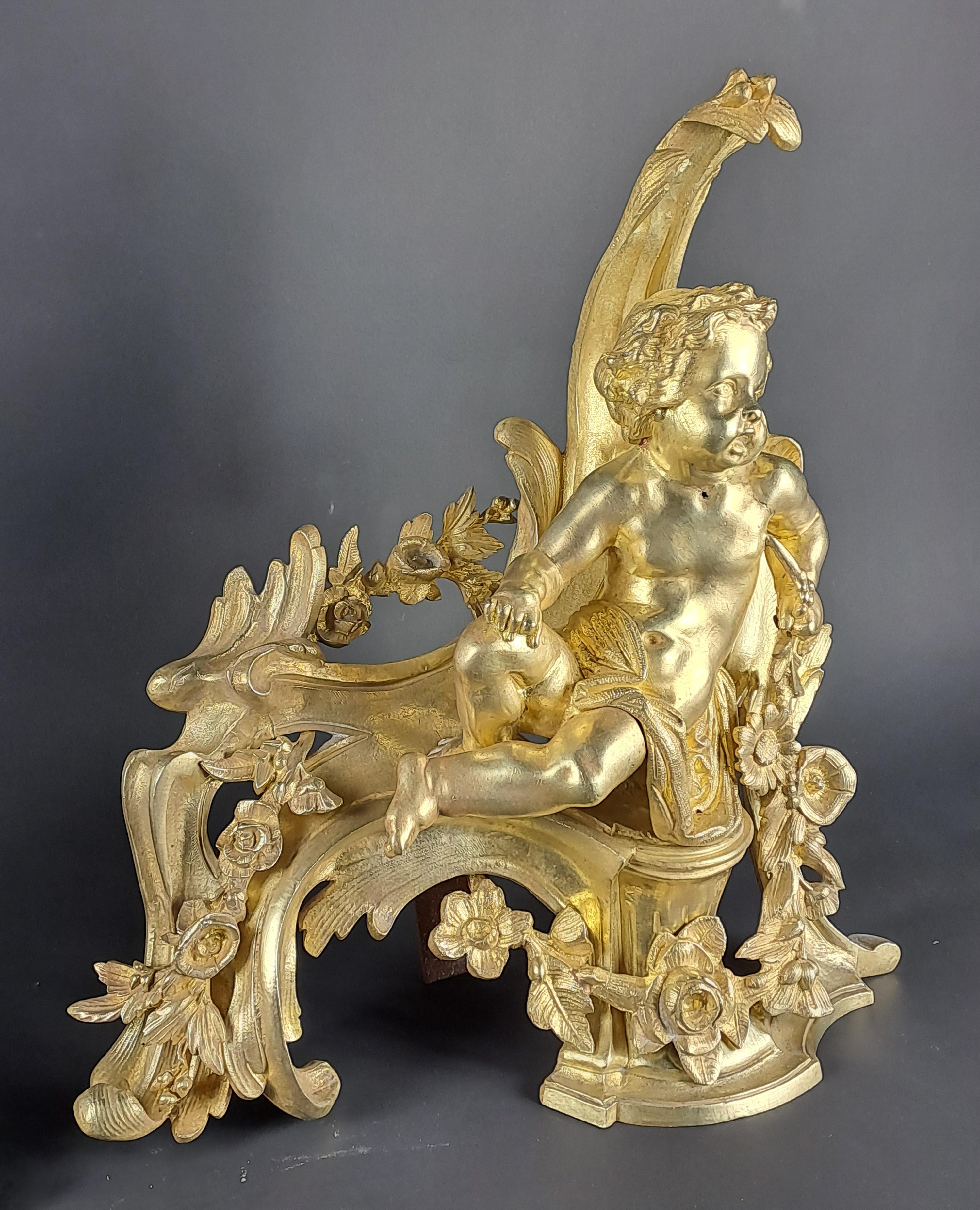 Pair Of Napoleon III Andirons With Putti In Gilded Bronze In Good Condition For Sale In BARSAC, FR