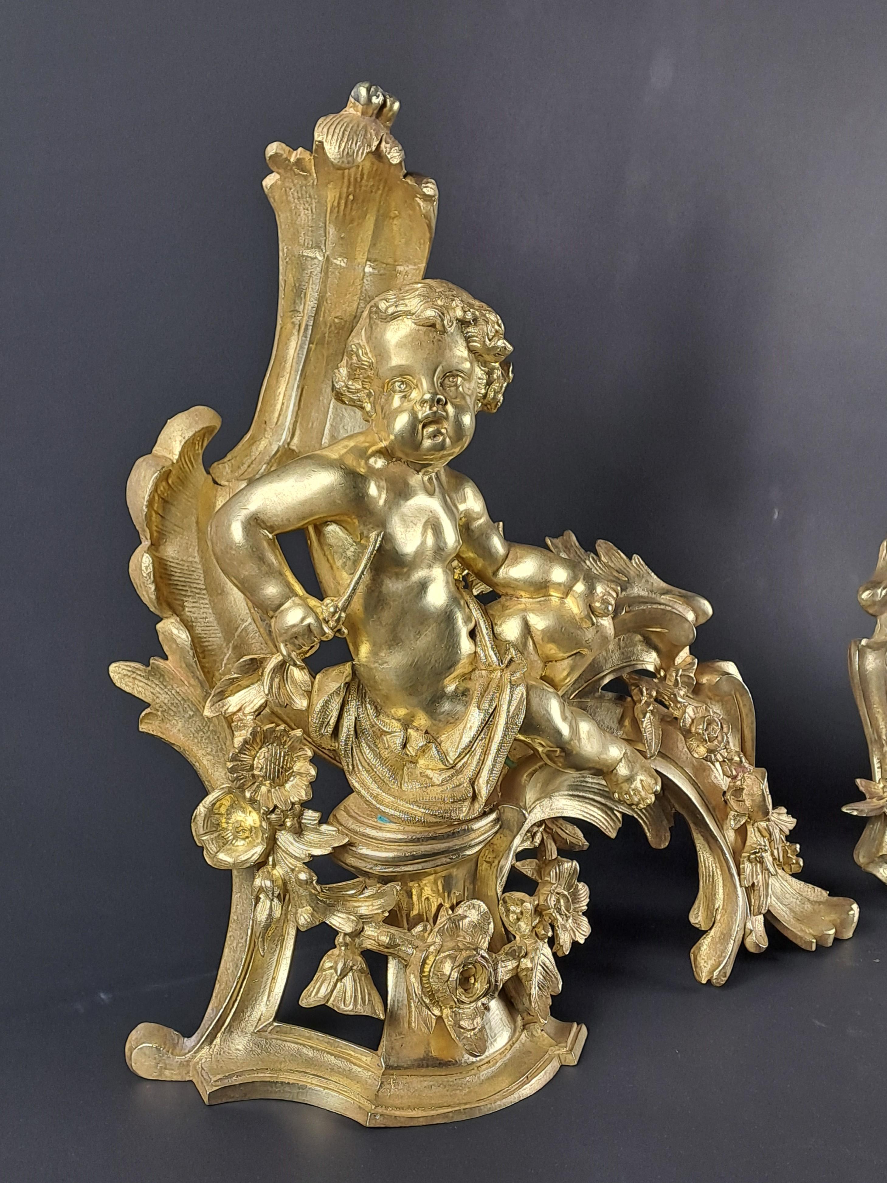 19th Century Pair Of Napoleon III Andirons With Putti In Gilded Bronze For Sale