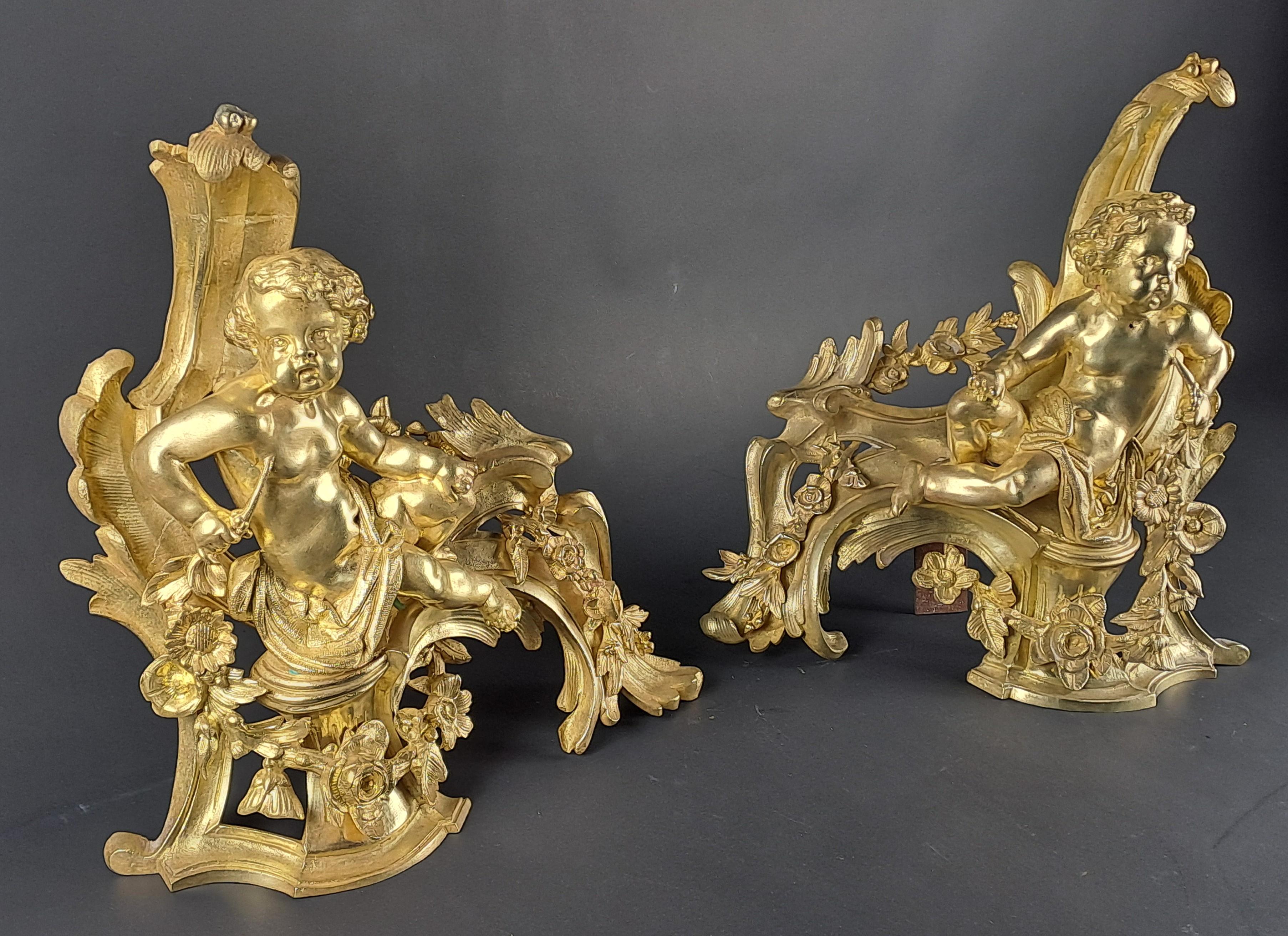 Pair Of Napoleon III Andirons With Putti In Gilded Bronze For Sale 1