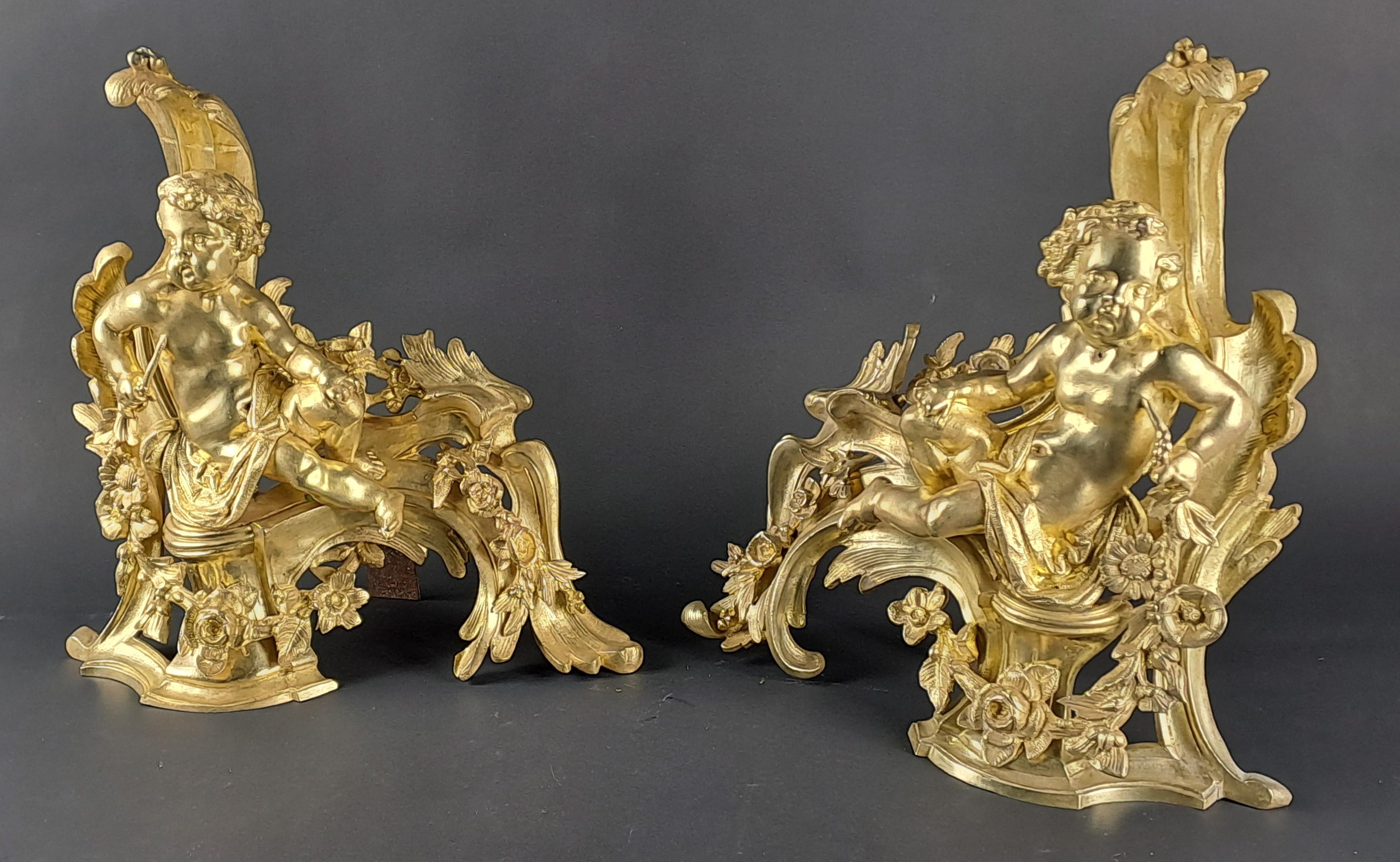 Pair Of Napoleon III Andirons With Putti In Gilded Bronze For Sale 2