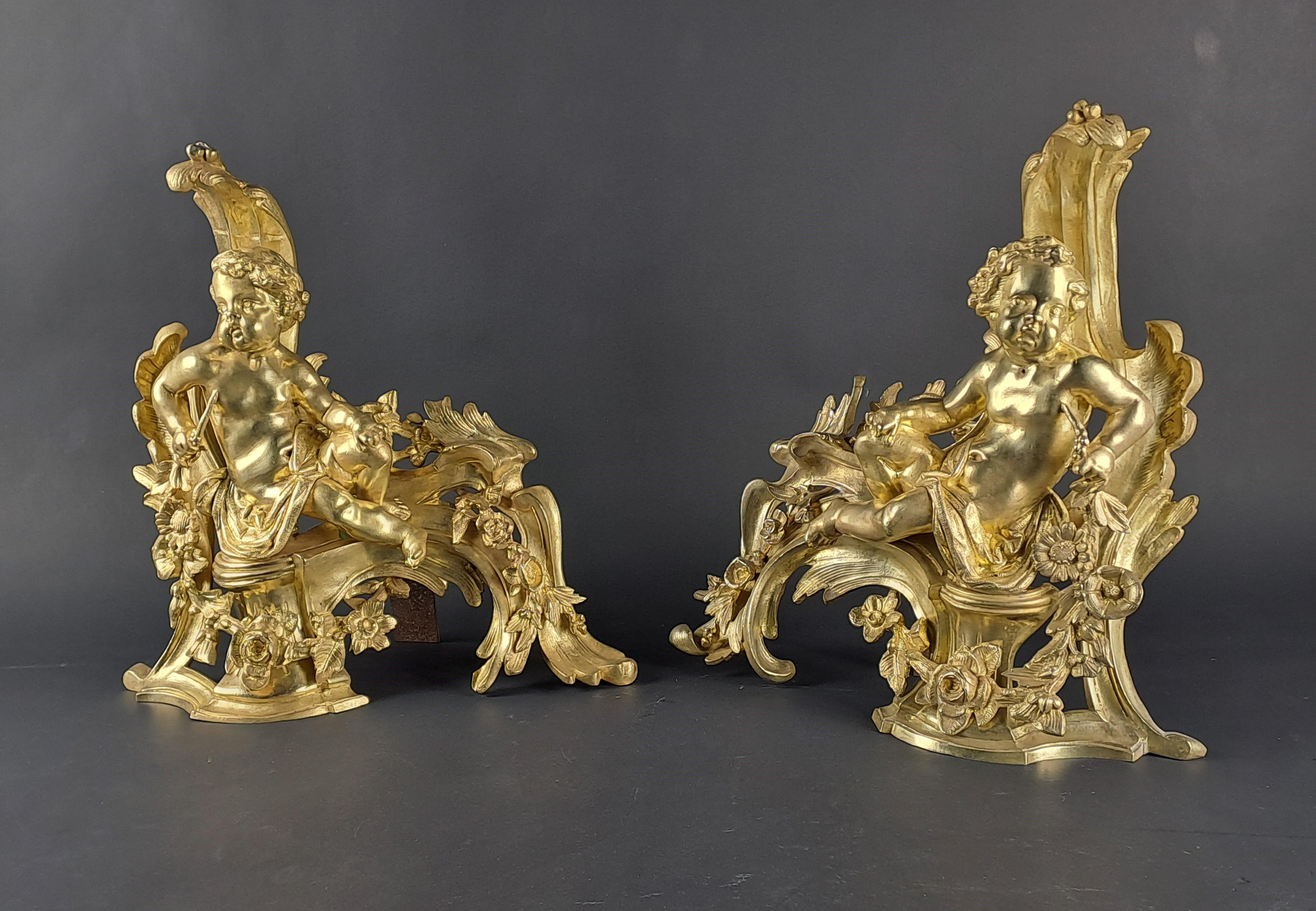 Pair Of Napoleon III Andirons With Putti In Gilded Bronze For Sale 3