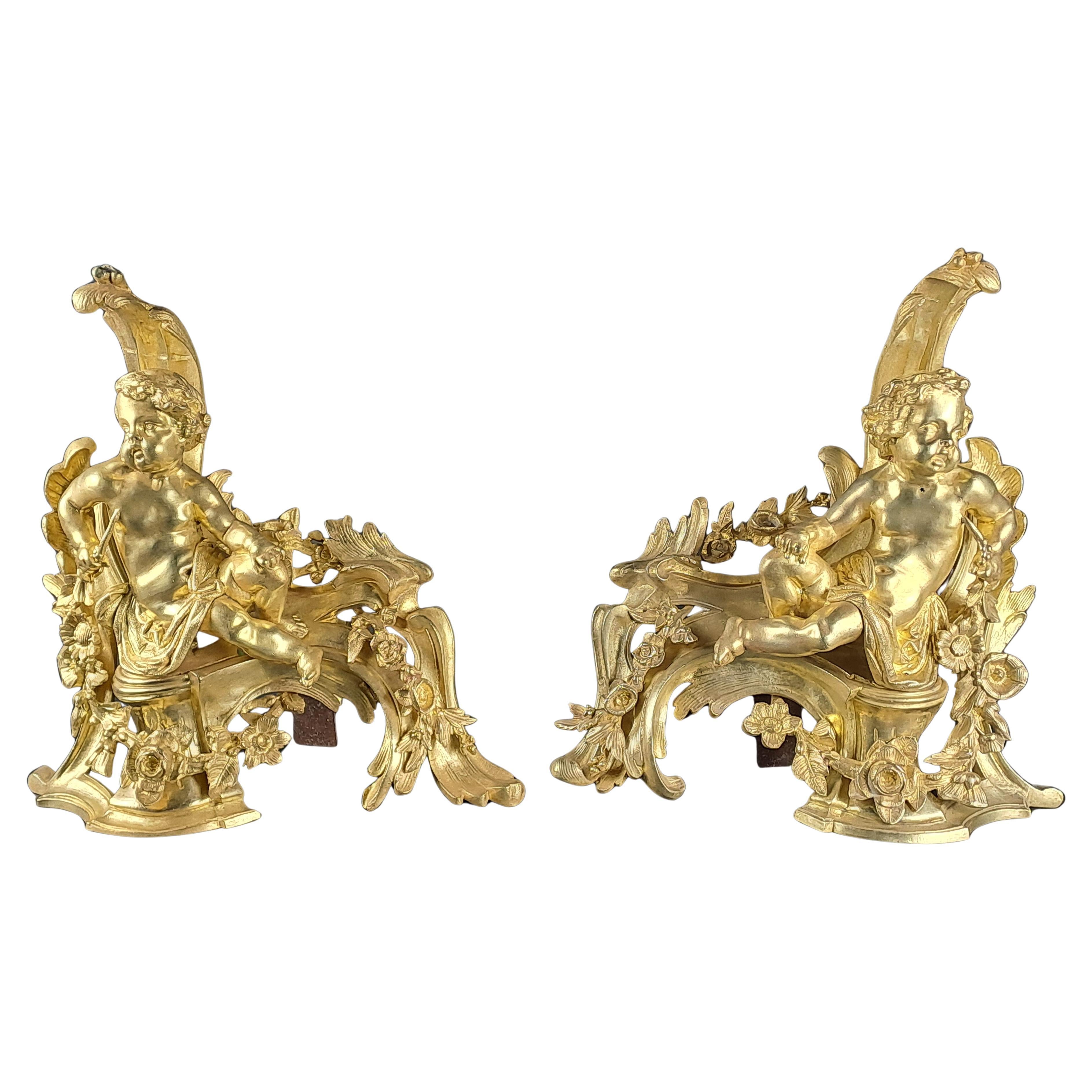 Pair Of Napoleon III Andirons With Putti In Gilded Bronze