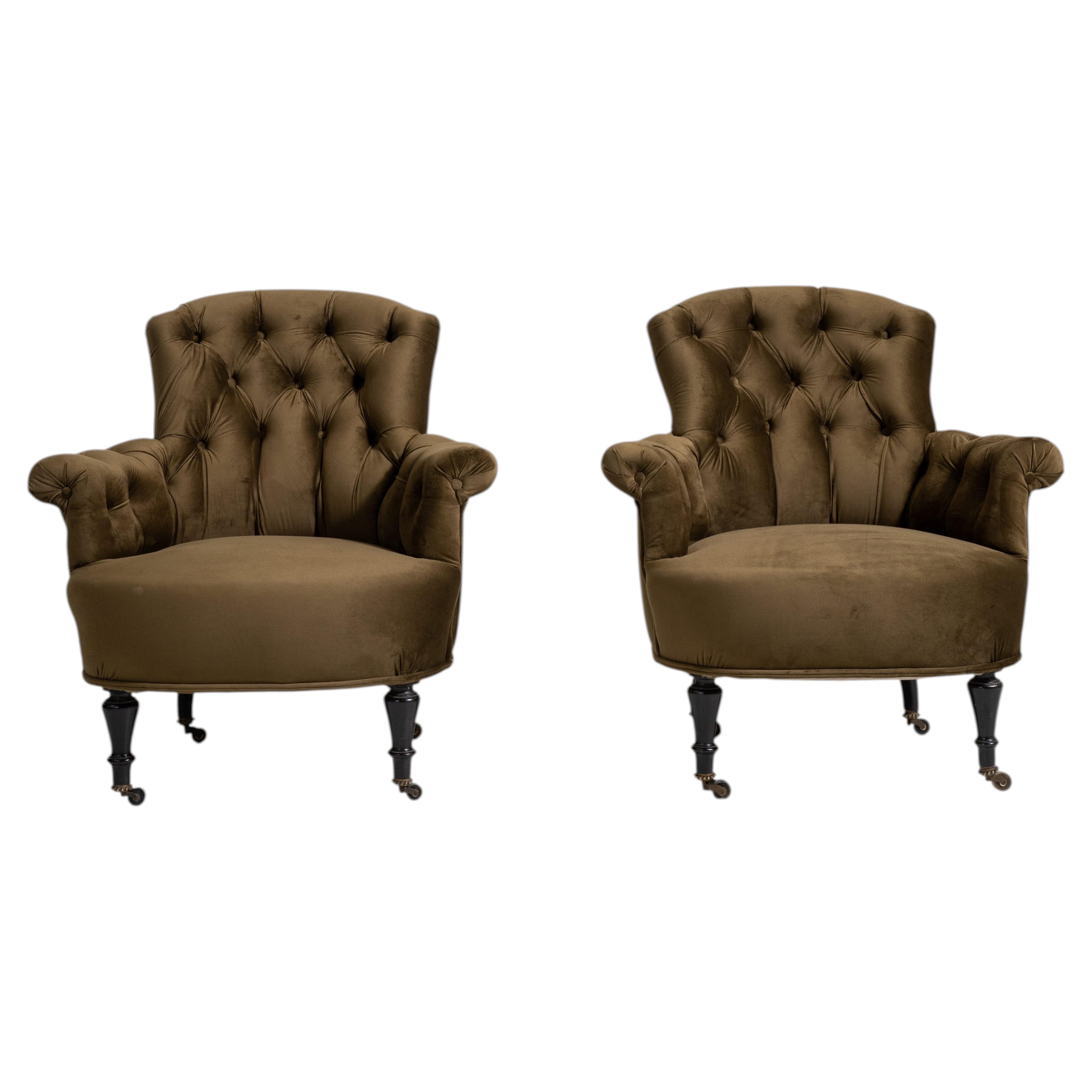 Pair of Napoleon III Armchairs with Velvet Upholstery For Sale