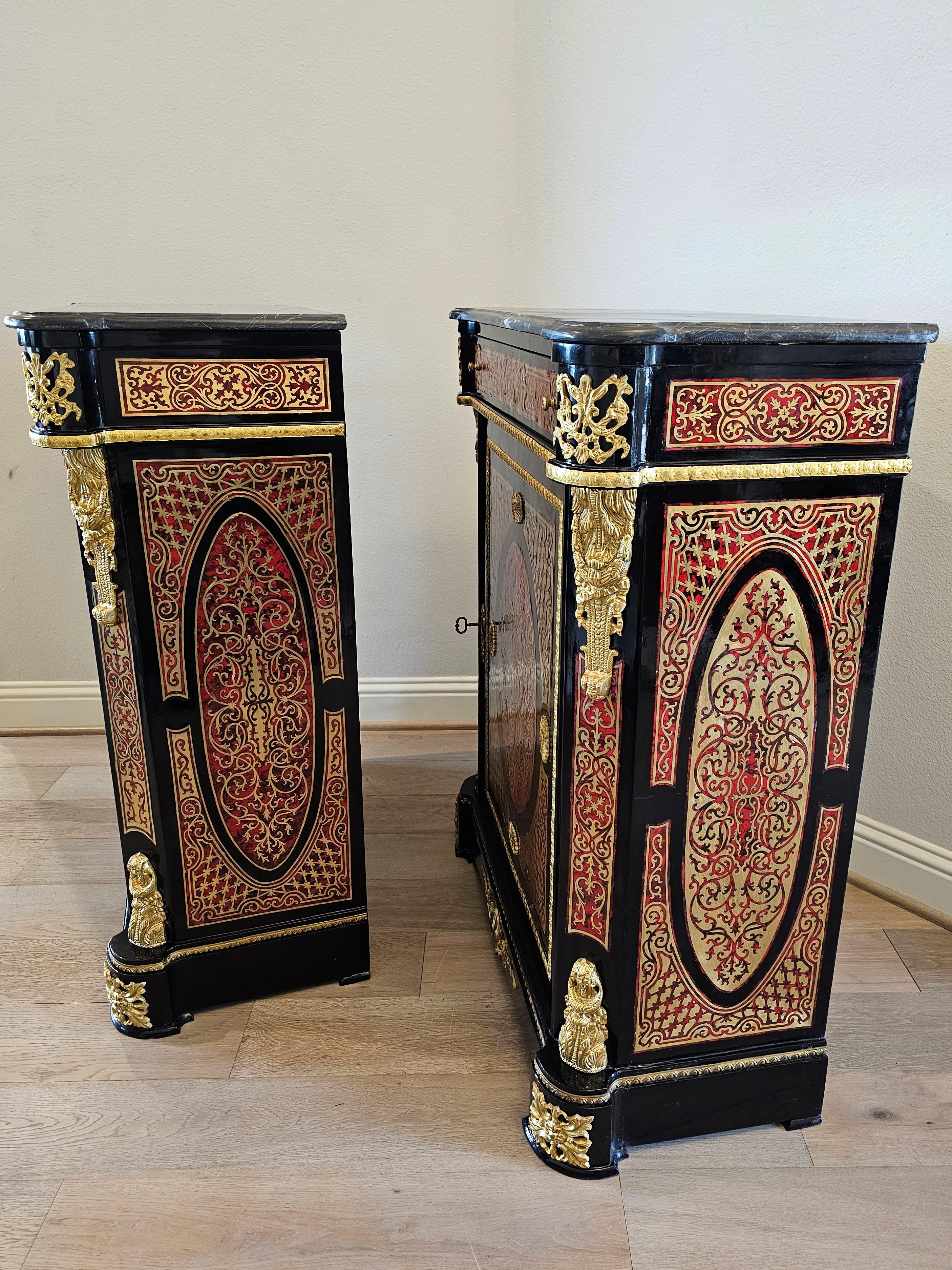 Pair of Napoleon III Boulle Style Cut Brass Marquetry Cabinets For Sale 9