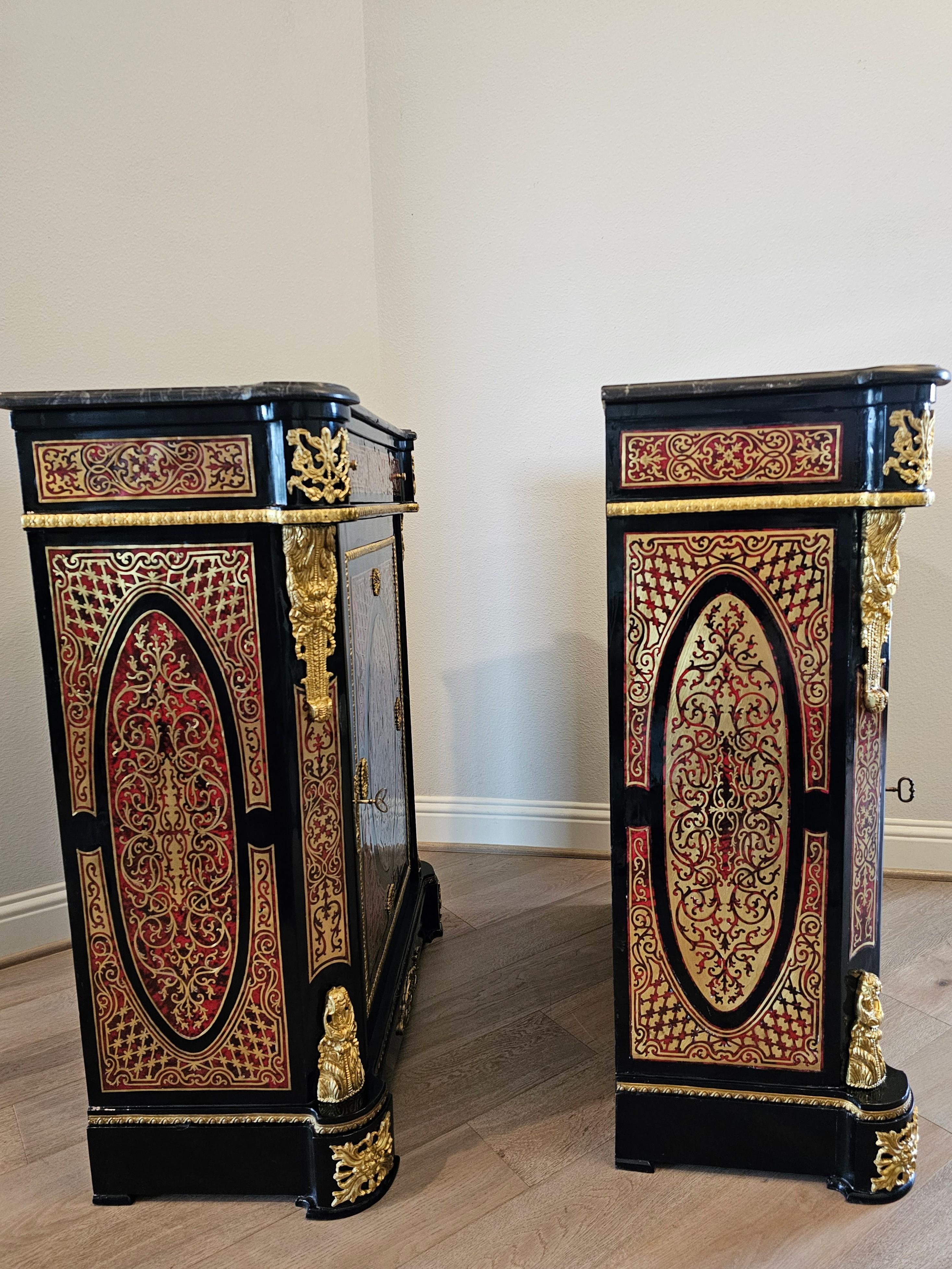 Pair of Napoleon III Boulle Style Cut Brass Marquetry Cabinets For Sale 10