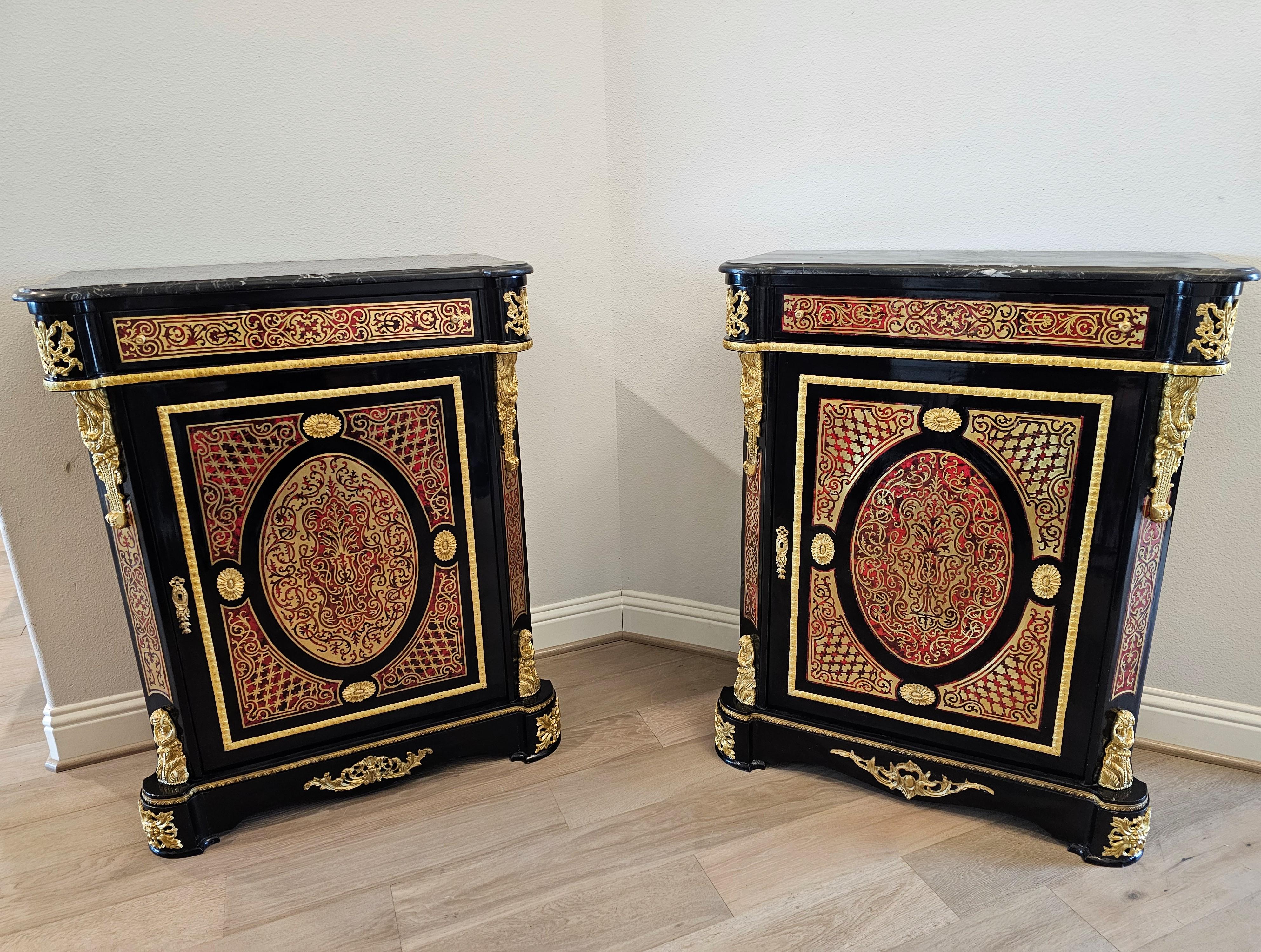 Ebonized Pair of Napoleon III Boulle Style Cut Brass Marquetry Cabinets For Sale