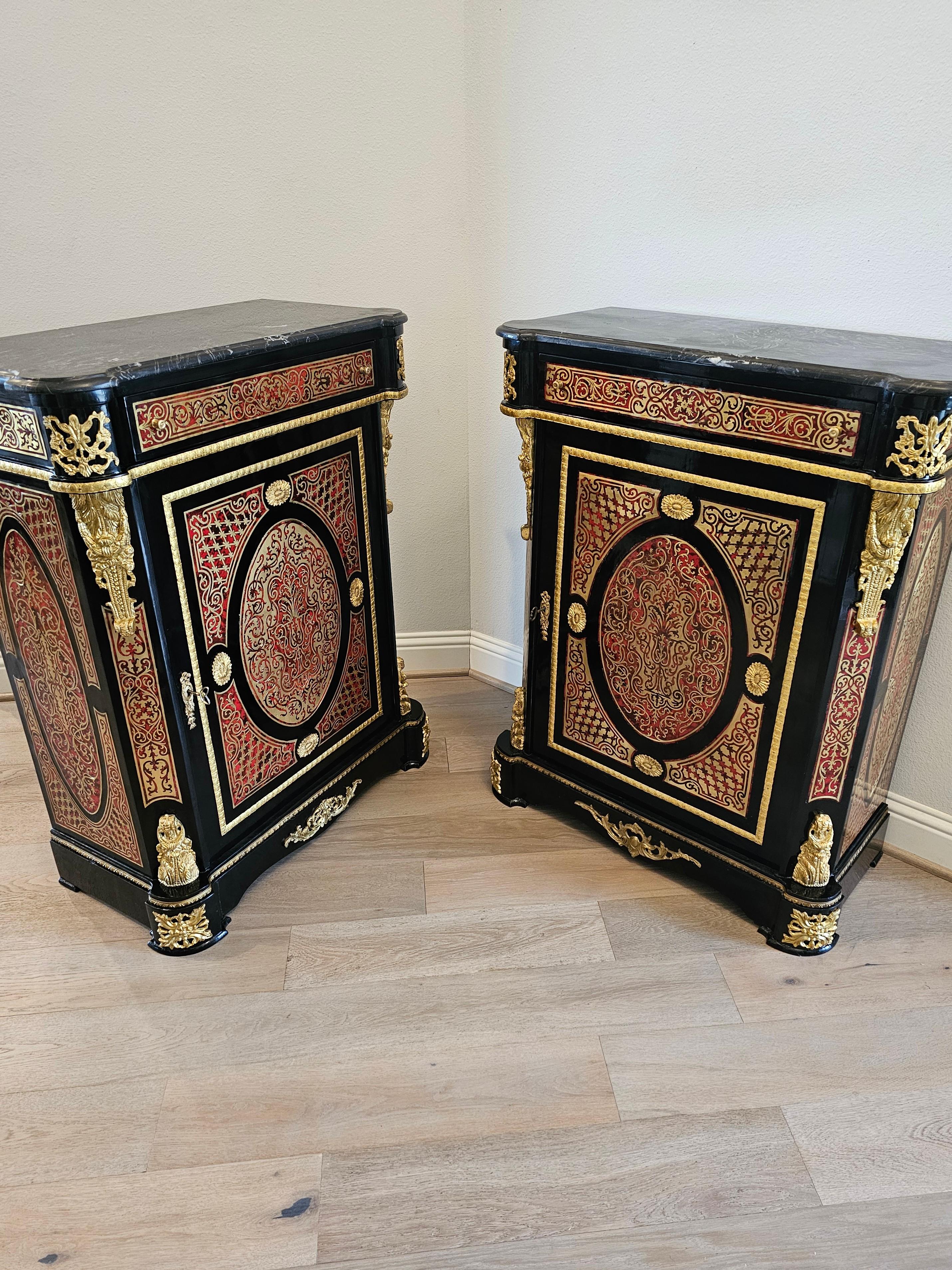 Pair of Napoleon III Boulle Style Cut Brass Marquetry Cabinets In Good Condition For Sale In Forney, TX