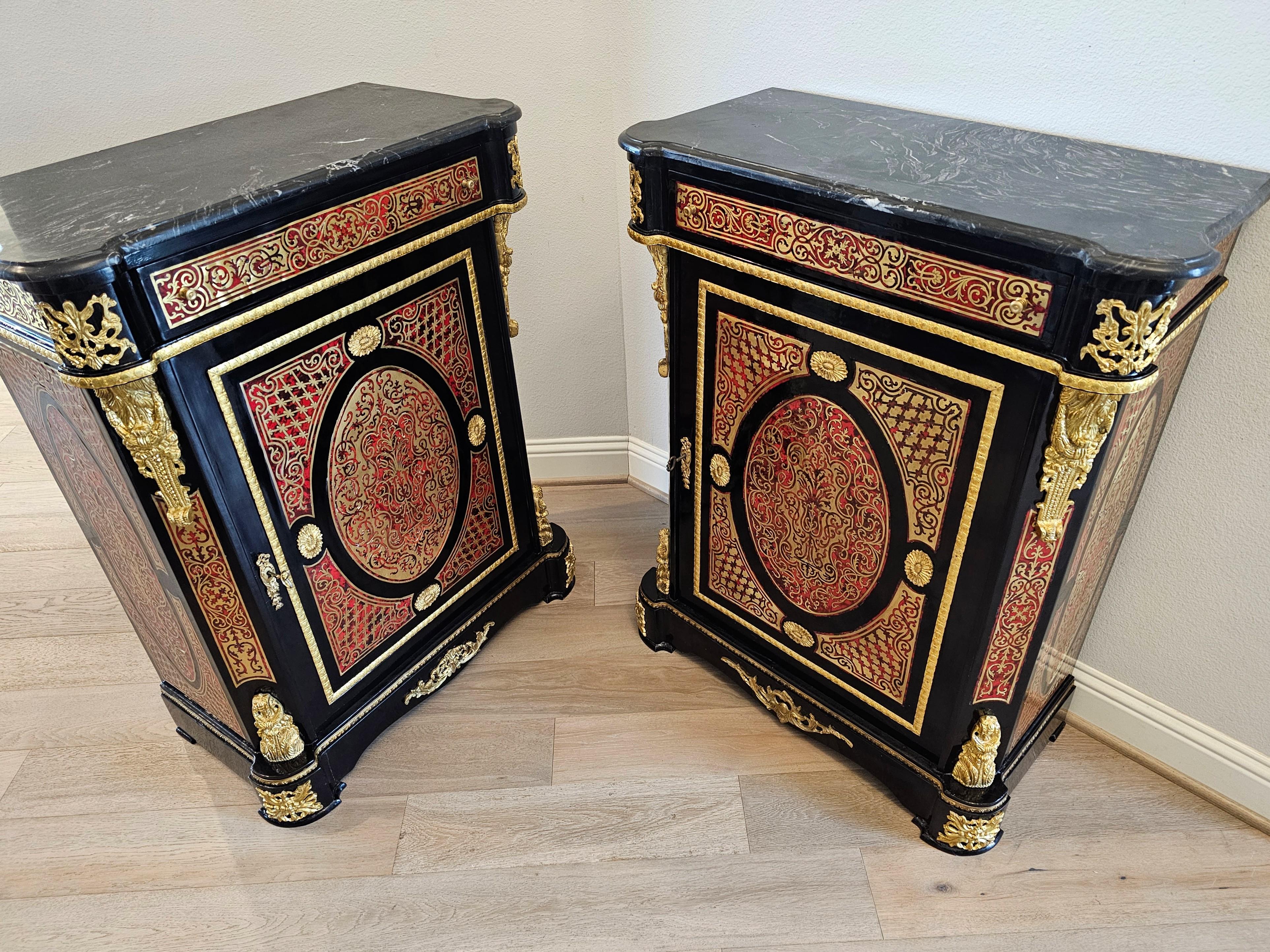 20th Century Pair of Napoleon III Boulle Style Cut Brass Marquetry Cabinets For Sale