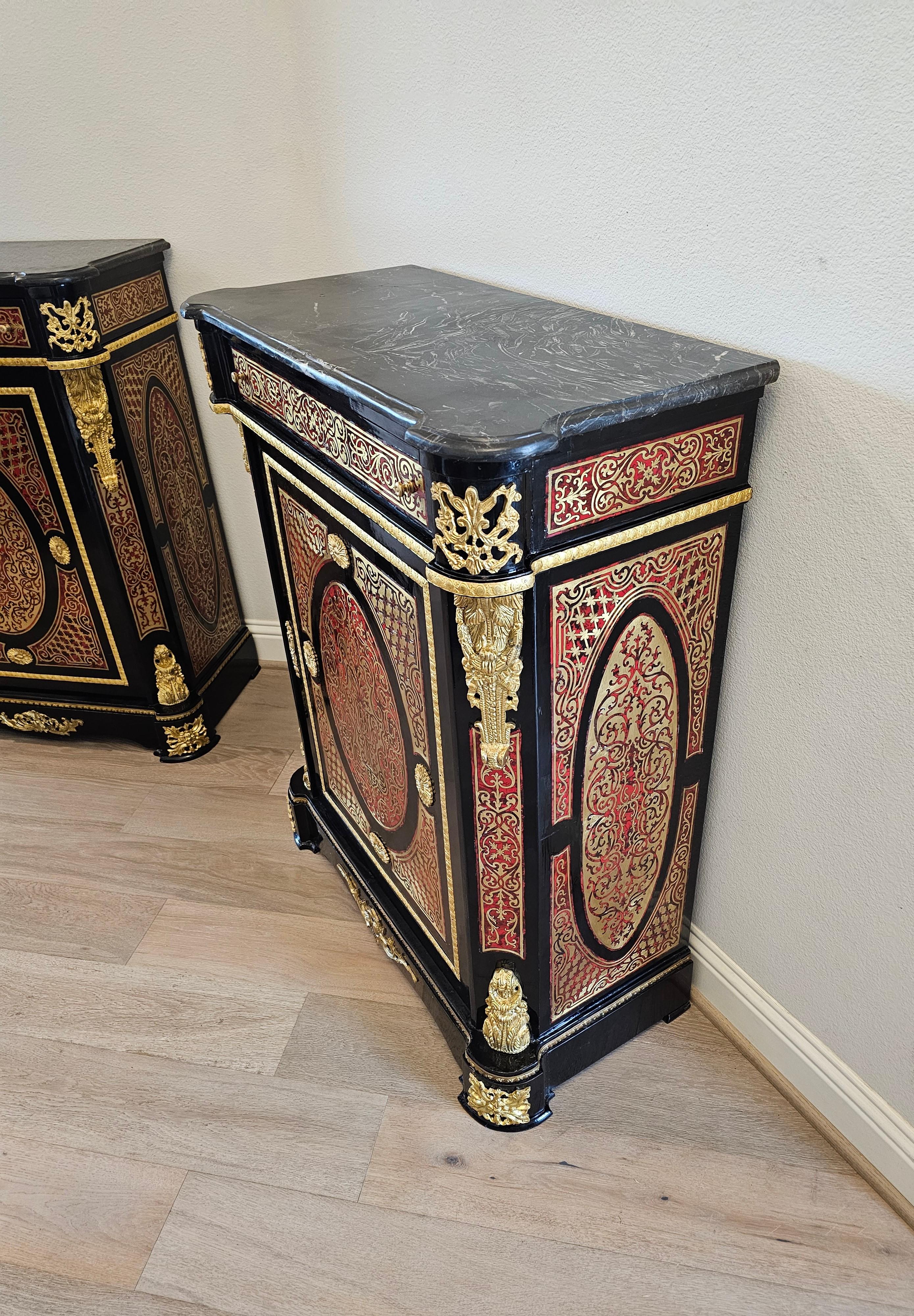 Pair of Napoleon III Boulle Style Cut Brass Marquetry Cabinets For Sale 1