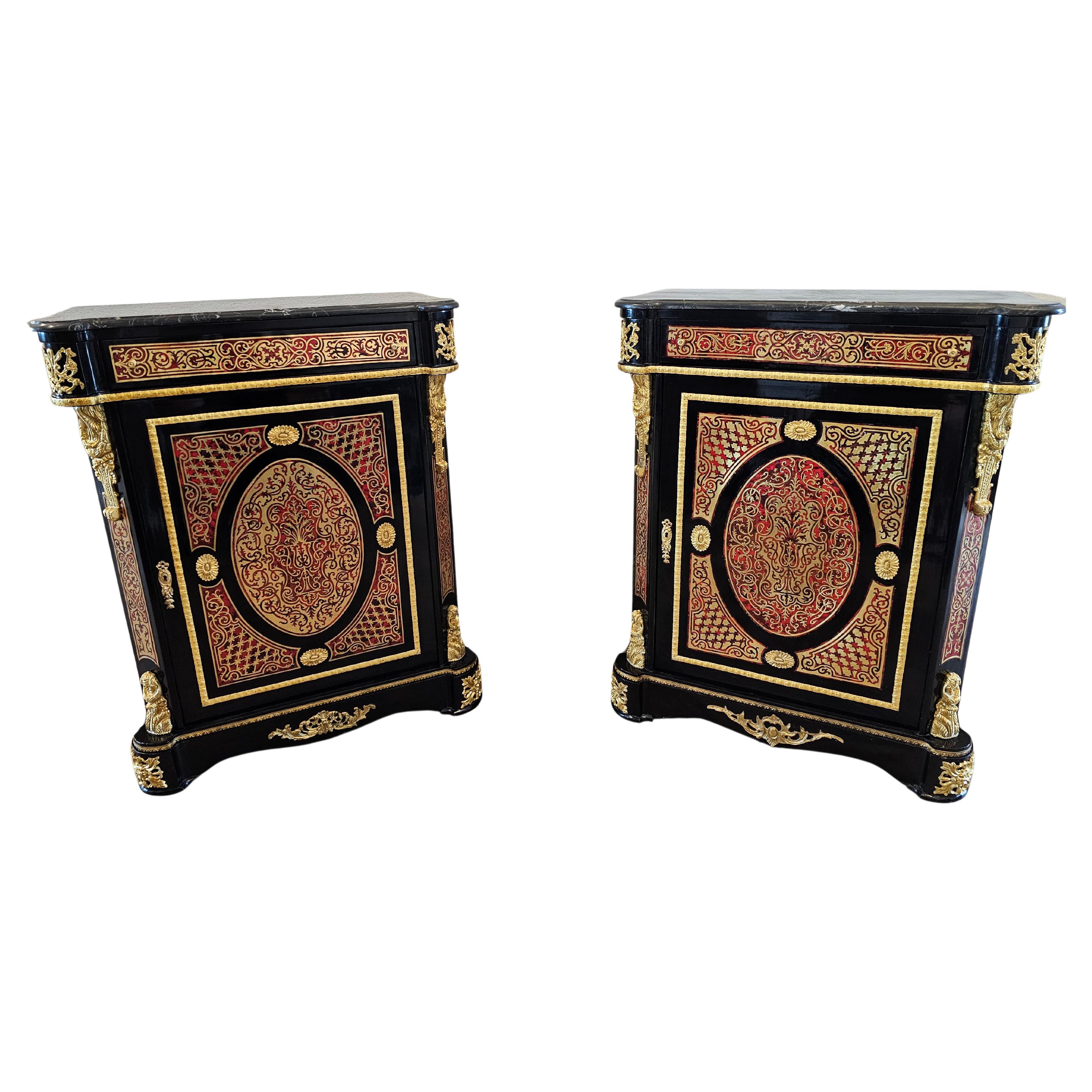 Pair of Napoleon III Boulle Style Cut Brass Marquetry Cabinets For Sale