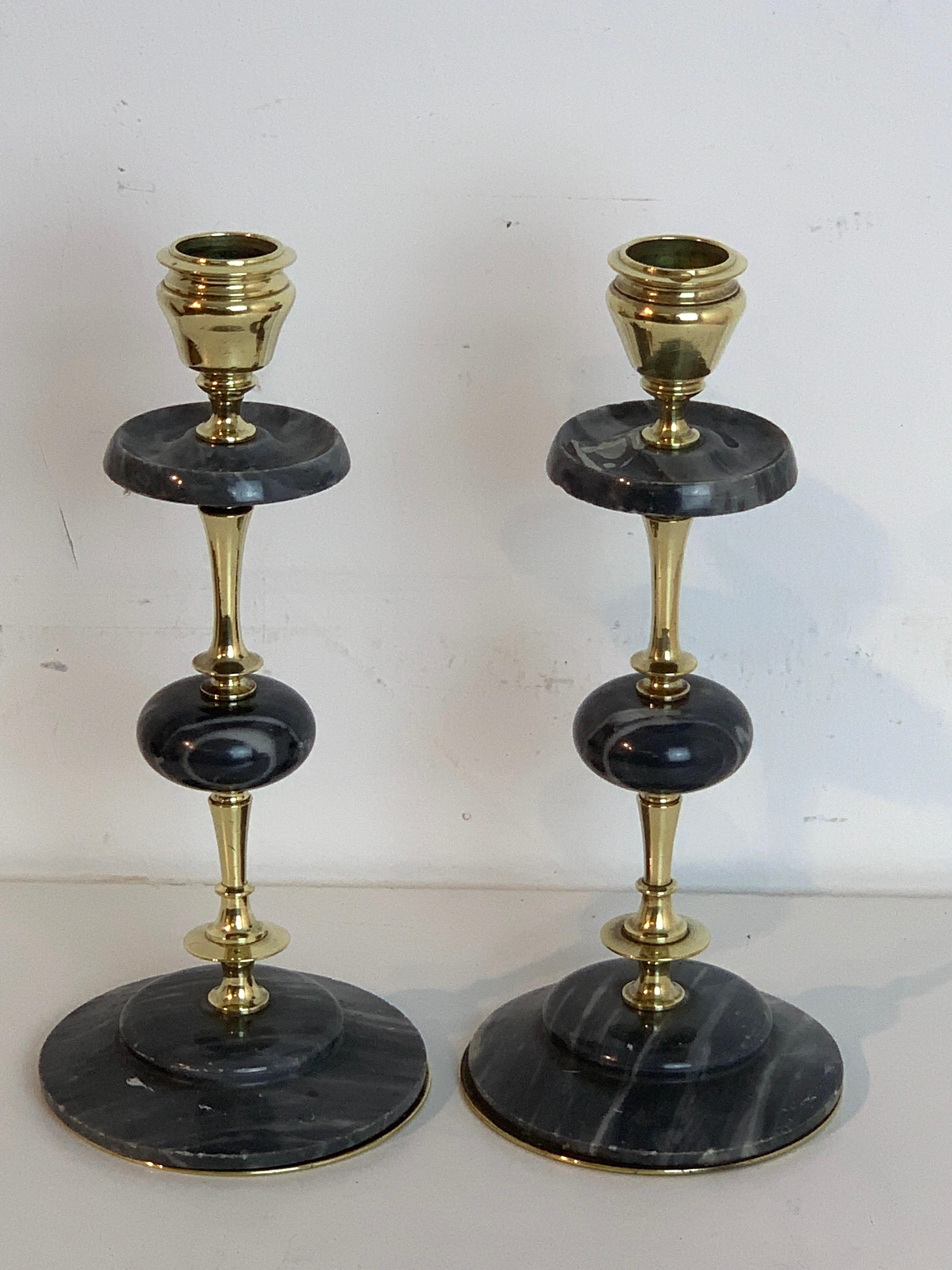 Pair of Napoleon III brass and marble candlesticks, each one of stick and ball form.