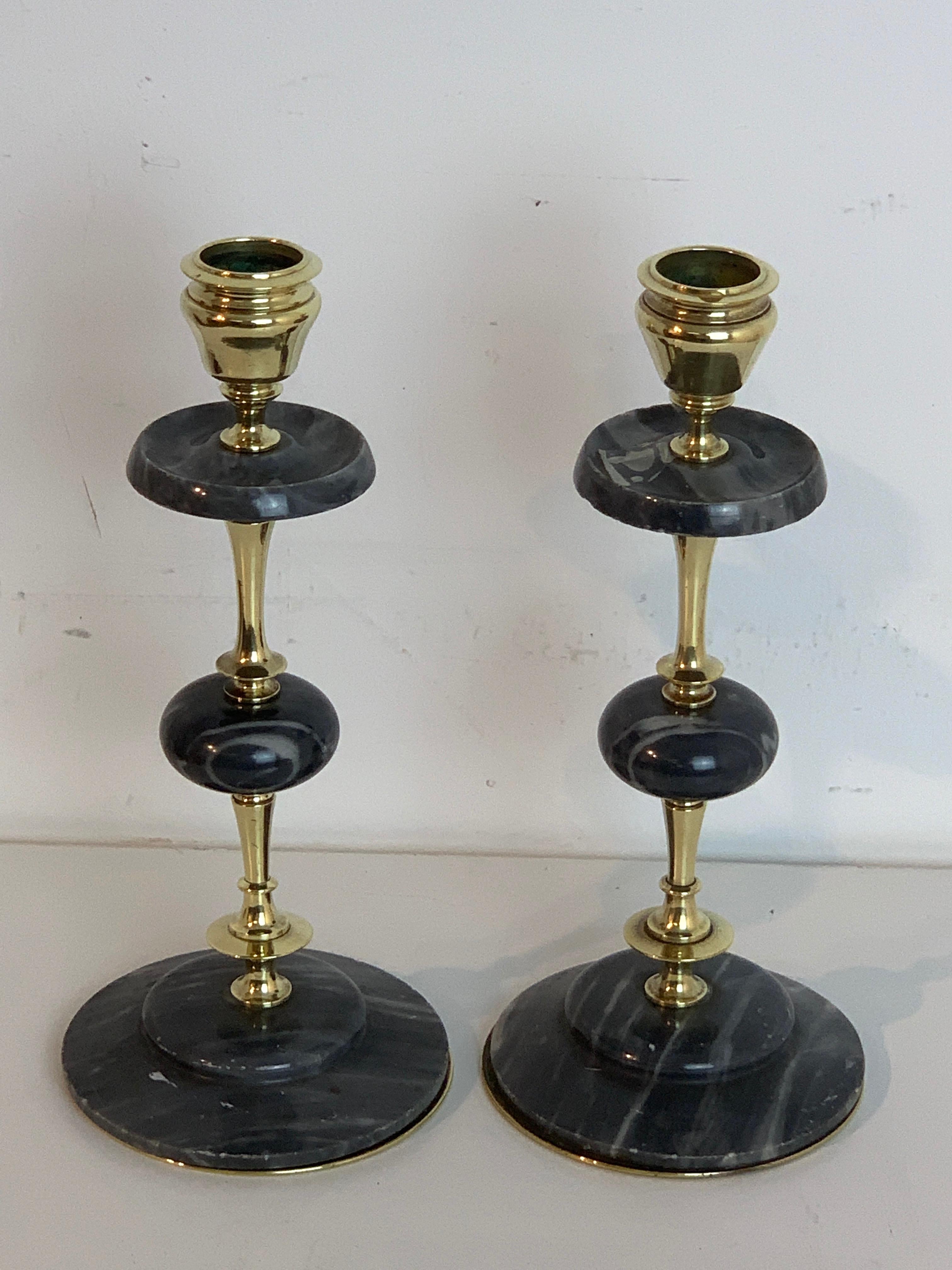French Pair of Napoleon III Brass & Marble Candlesticks