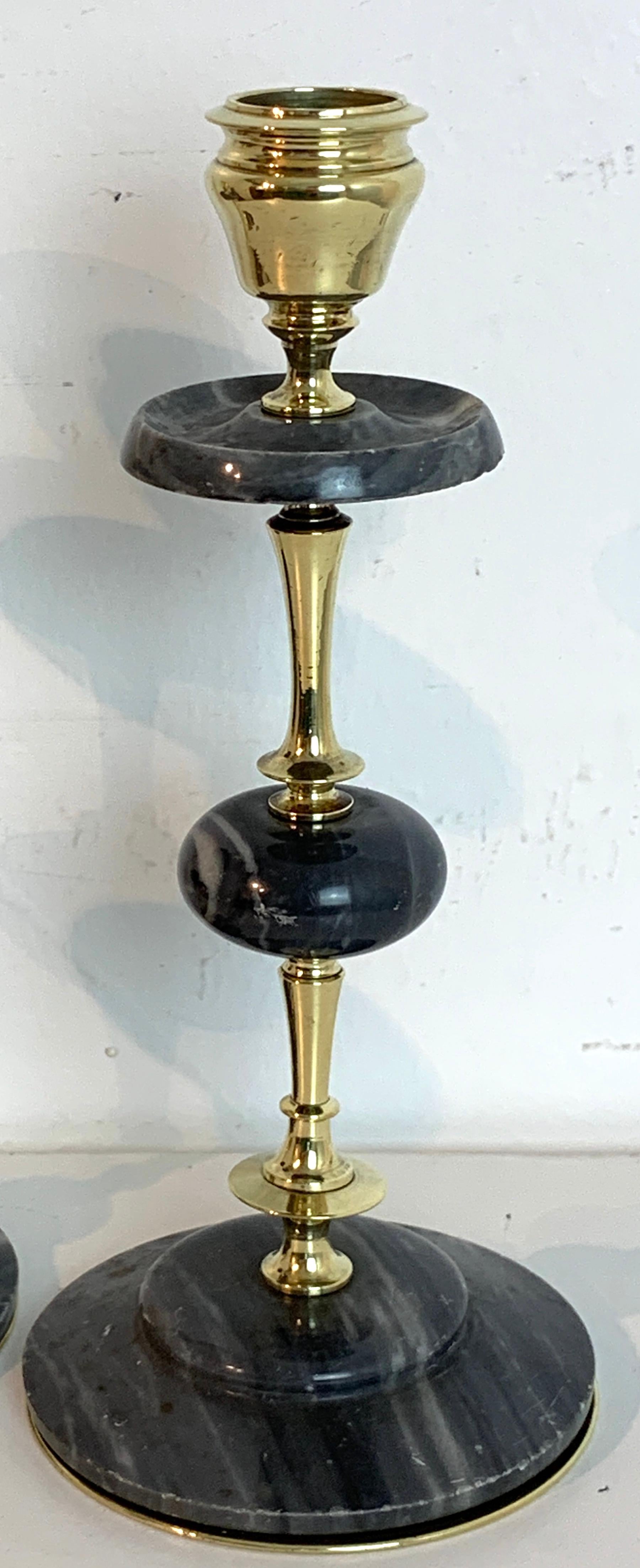 Pair of Napoleon III Brass & Marble Candlesticks In Good Condition In West Palm Beach, FL