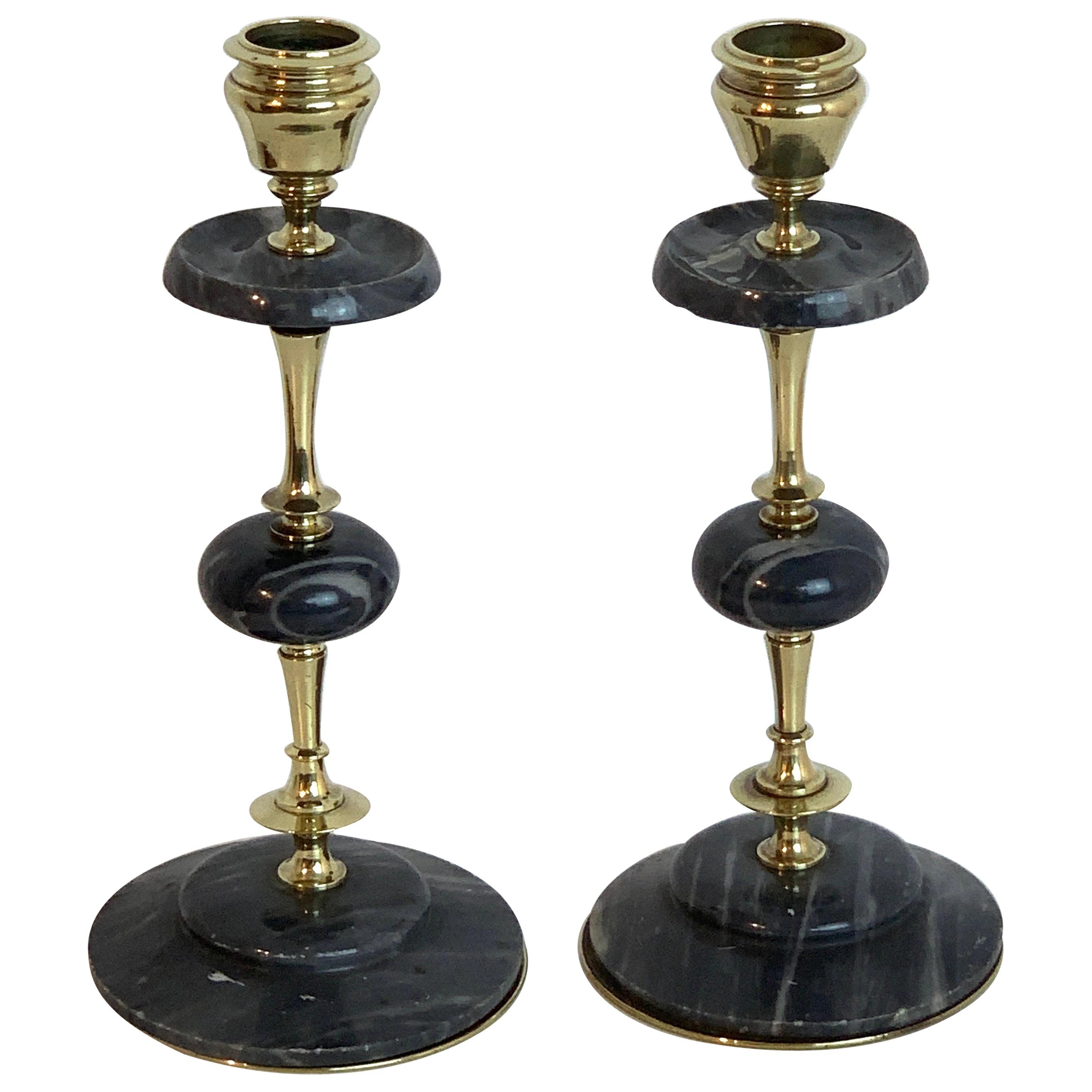Pair of Napoleon III Brass & Marble Candlesticks