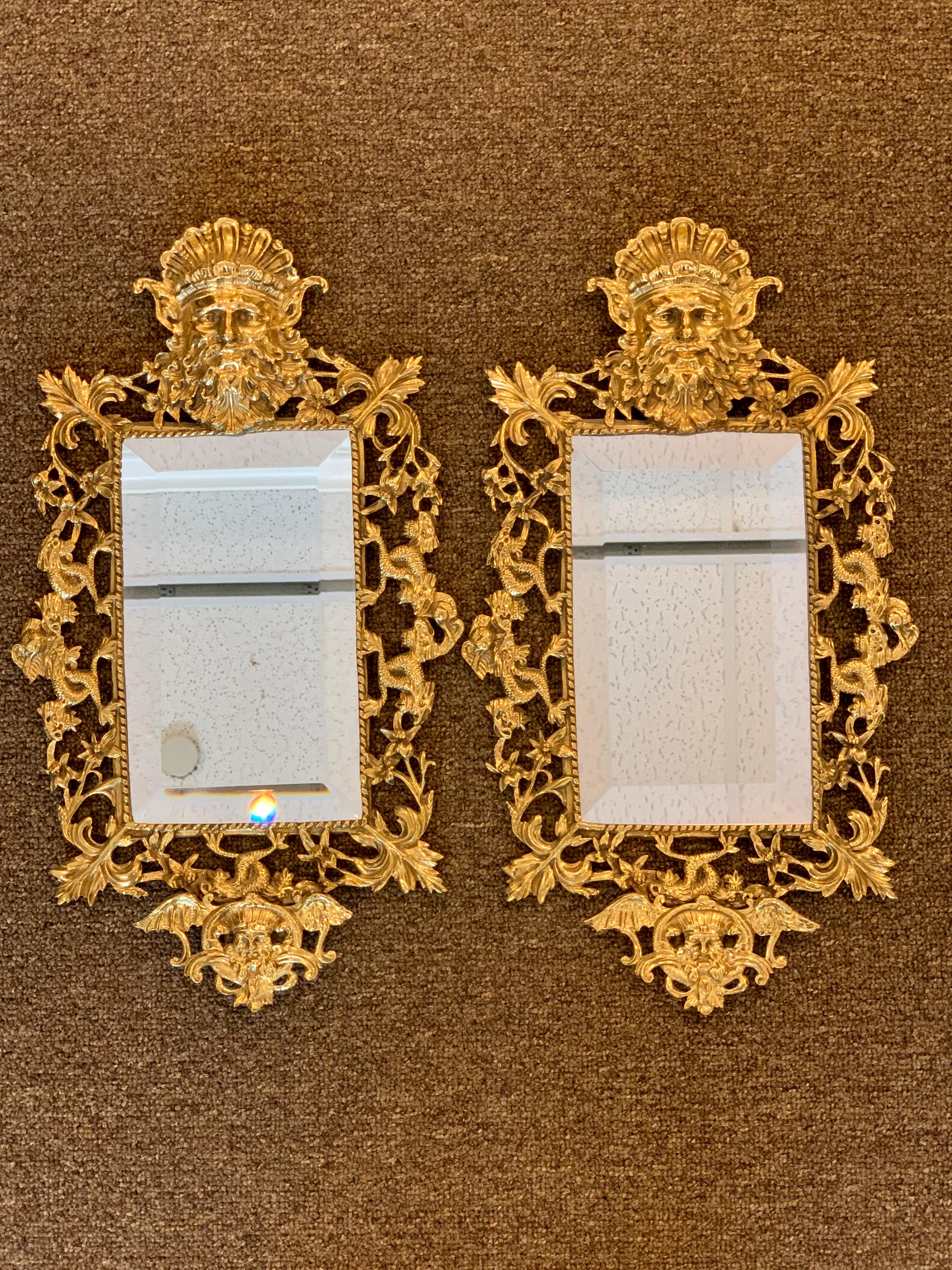 French Pair of Napoleon III Brass Neptune Motif  Mirrors For Sale
