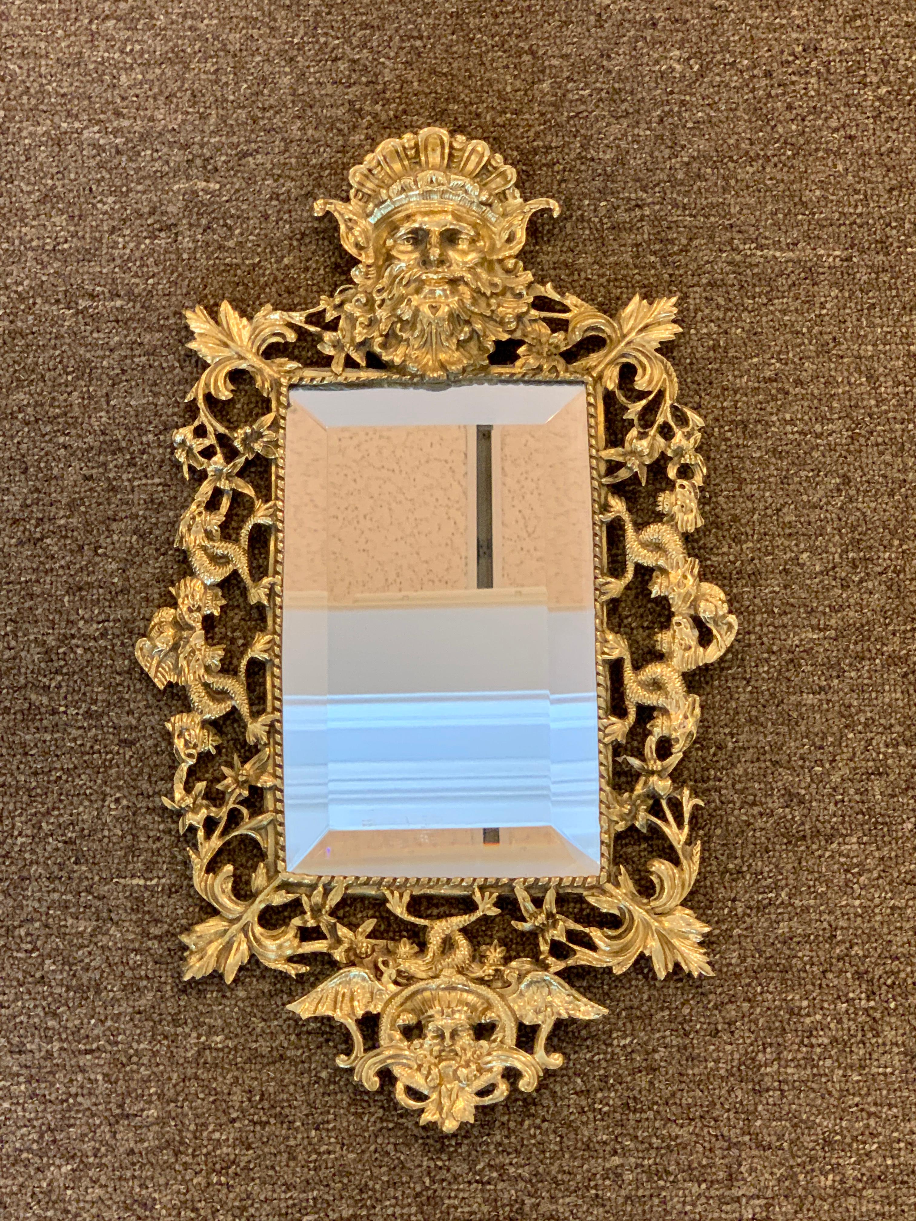 Beveled Pair of Napoleon III Brass Neptune Motif  Mirrors For Sale