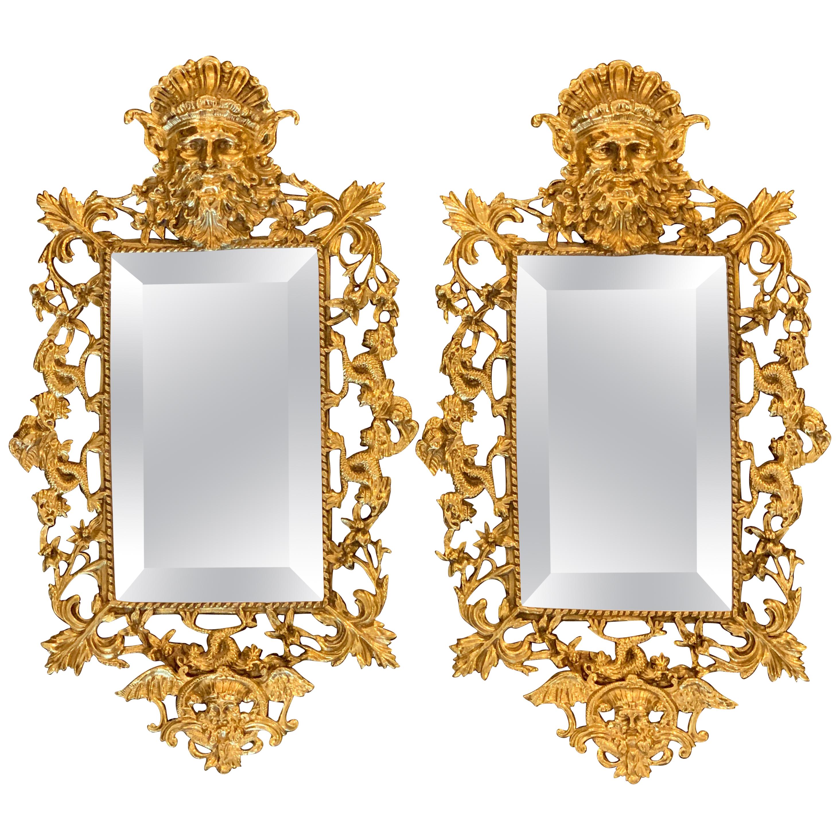 Pair of Napoleon III Brass Neptune Motif  Mirrors For Sale