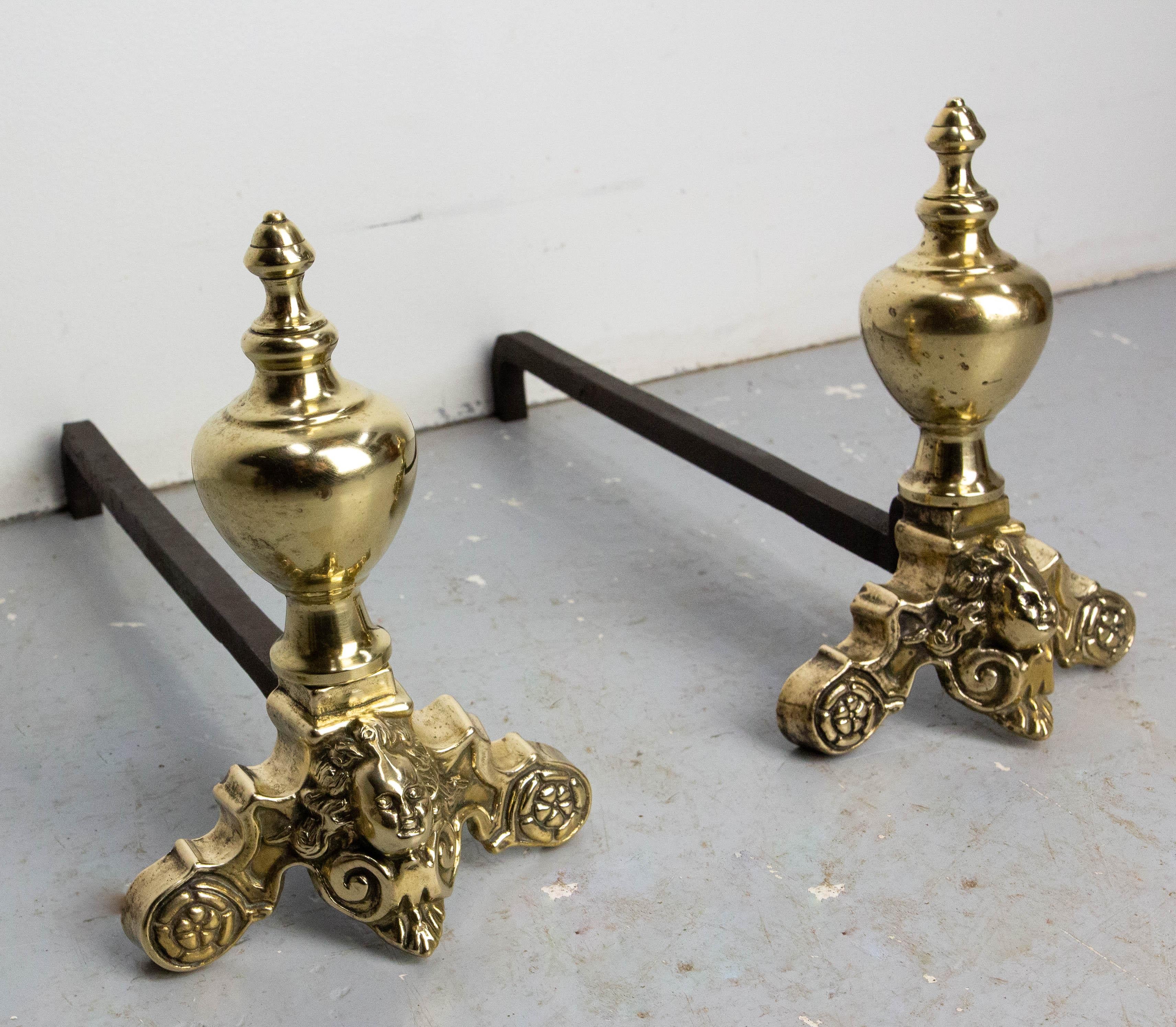 European Pair of Napoléon III Brass & Wrought Iron Cherubs Andirons, France, c 1890 For Sale