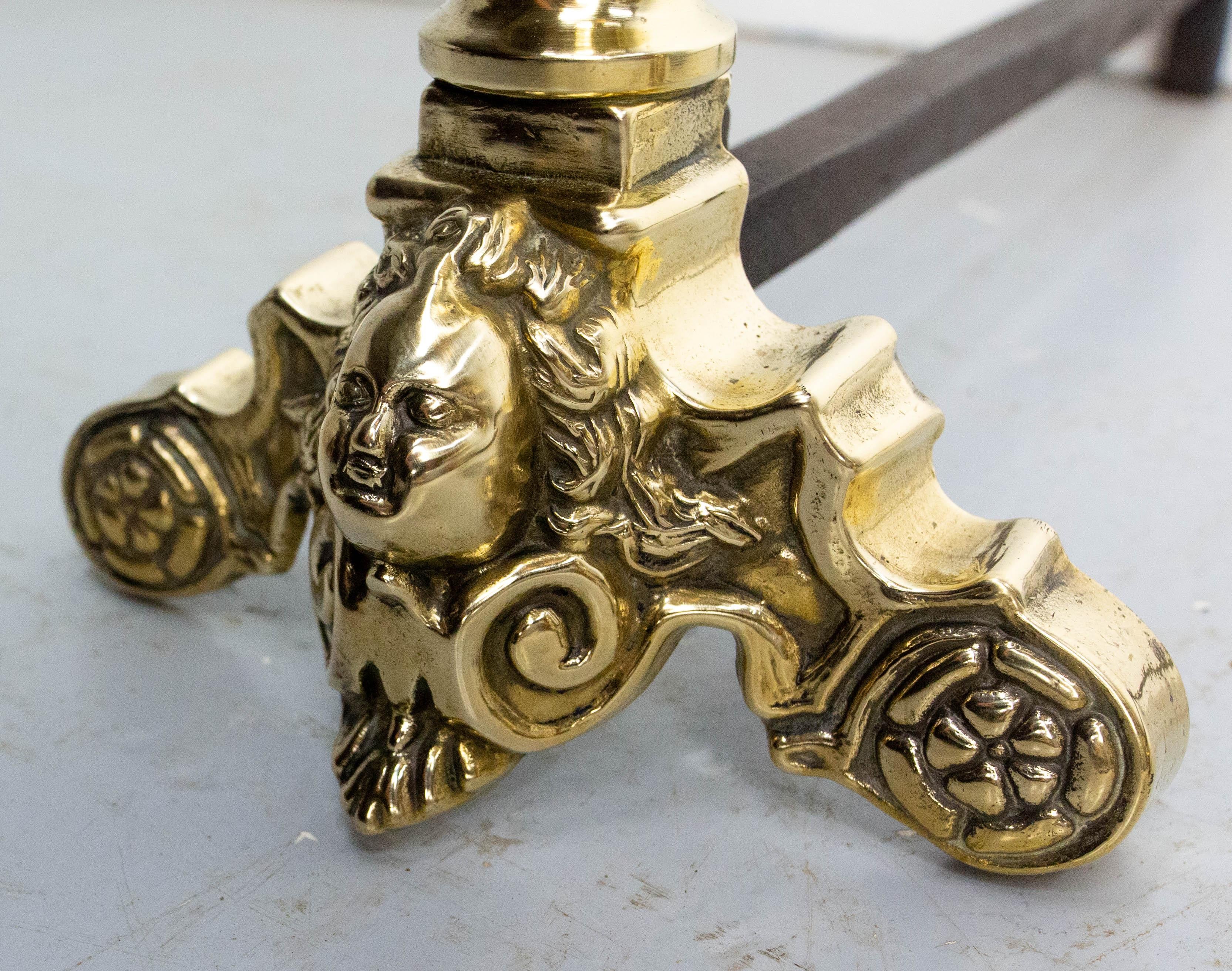 19th Century Pair of Napoléon III Brass & Wrought Iron Cherubs Andirons, France, c 1890 For Sale