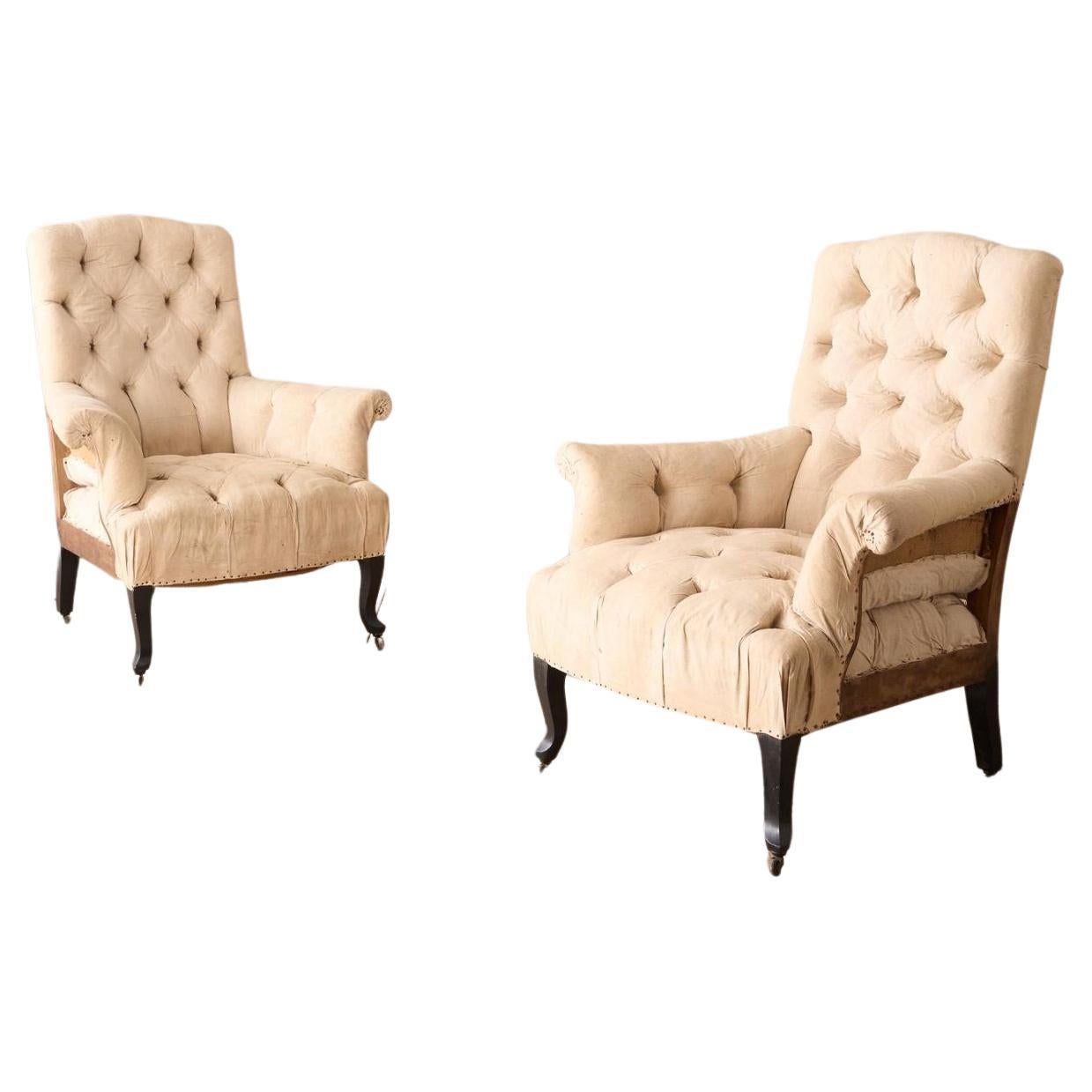Pair of Napoleon III buttoned back and seat armchairs For Sale