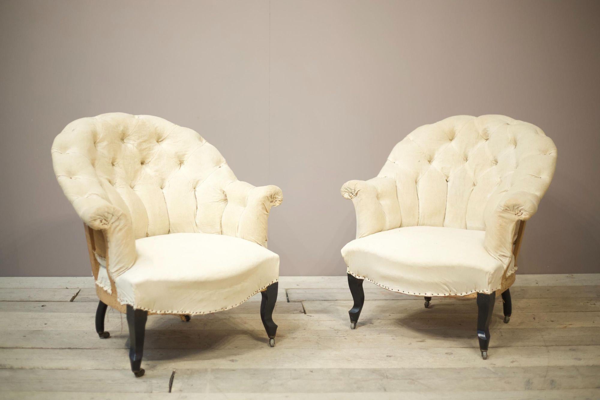 Pair of Napoleon III Buttoned Curve Back Armchairs In Excellent Condition In Malton, GB