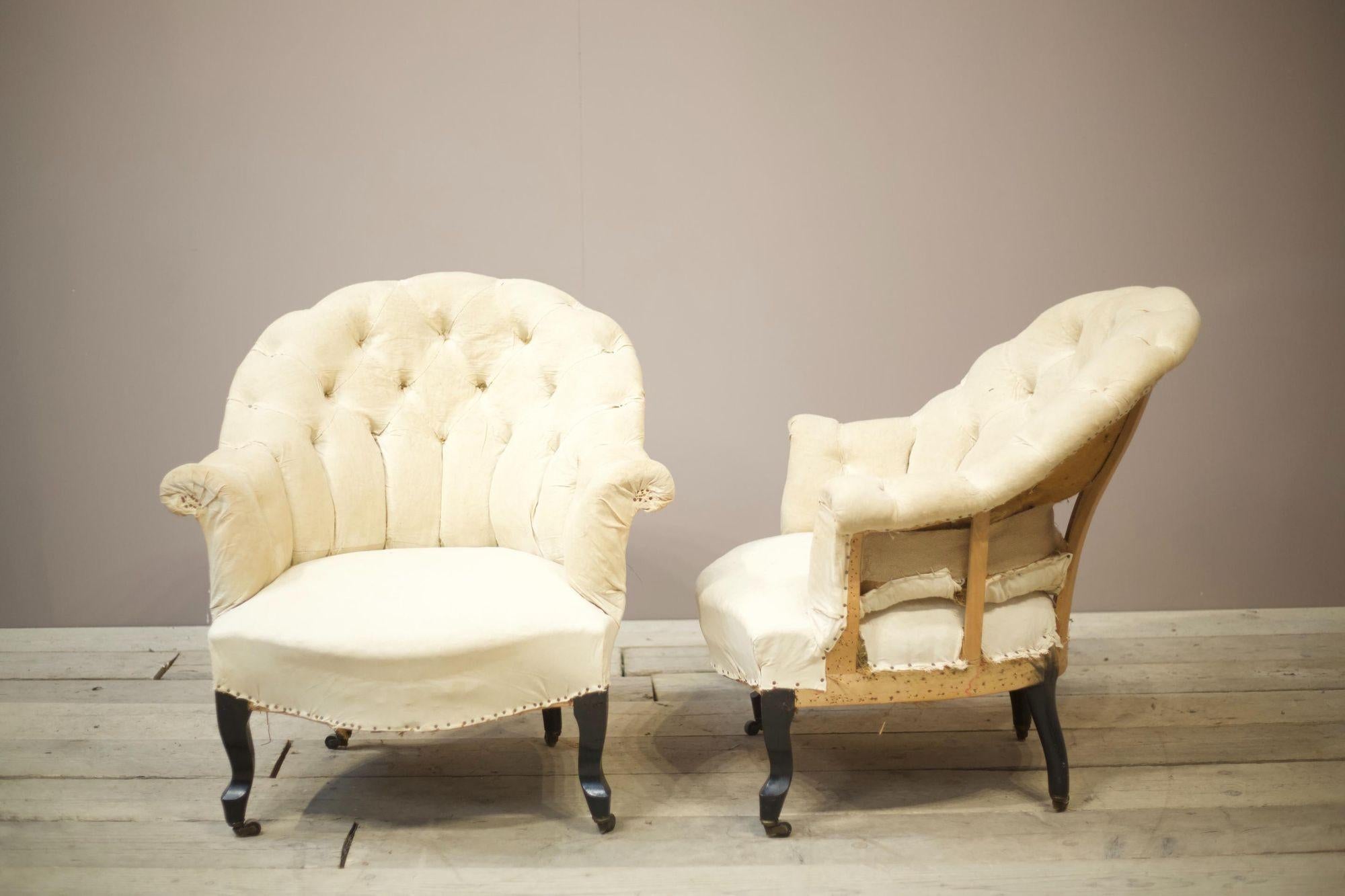 19th Century Pair of Napoleon III Buttoned Curve Back Armchairs