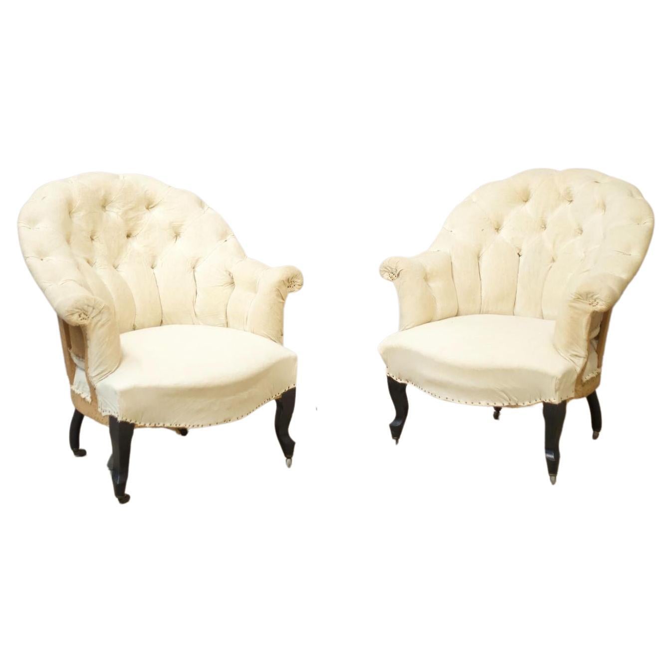 Pair of Napoleon III Buttoned Curve Back Armchairs