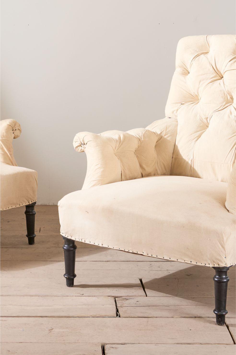 These are a classic pair of Napoleon III buttoned square back armchairs. Gorgeous quality and generous proportions.

Measurements Height 92cm Width 84cm Depth 86cm Depth of seat 52cm Height of seat 40cm

(On our website) If you would like these