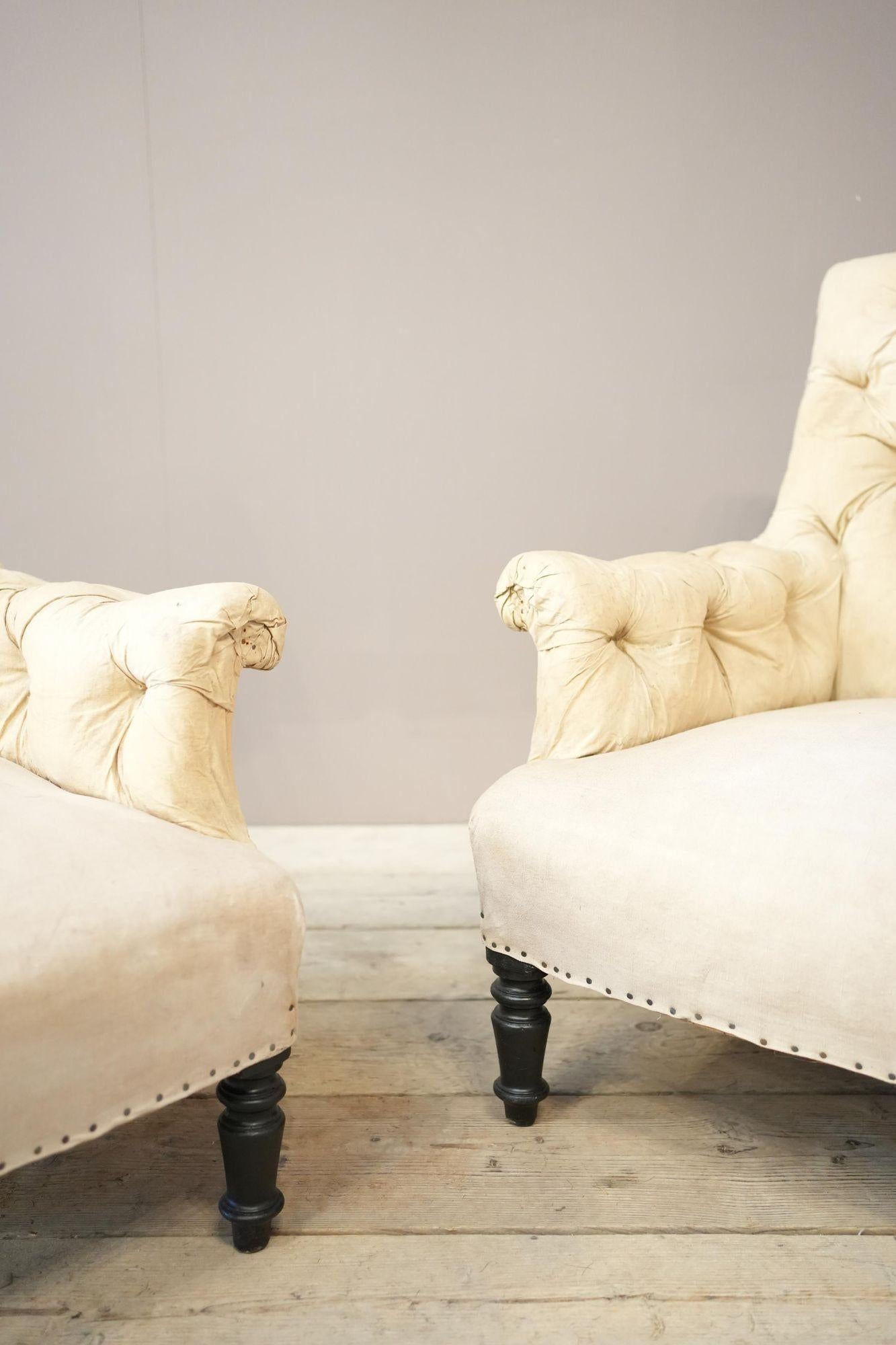 Pair of Napoleon III buttoned square back armchairs In Good Condition In Malton, GB