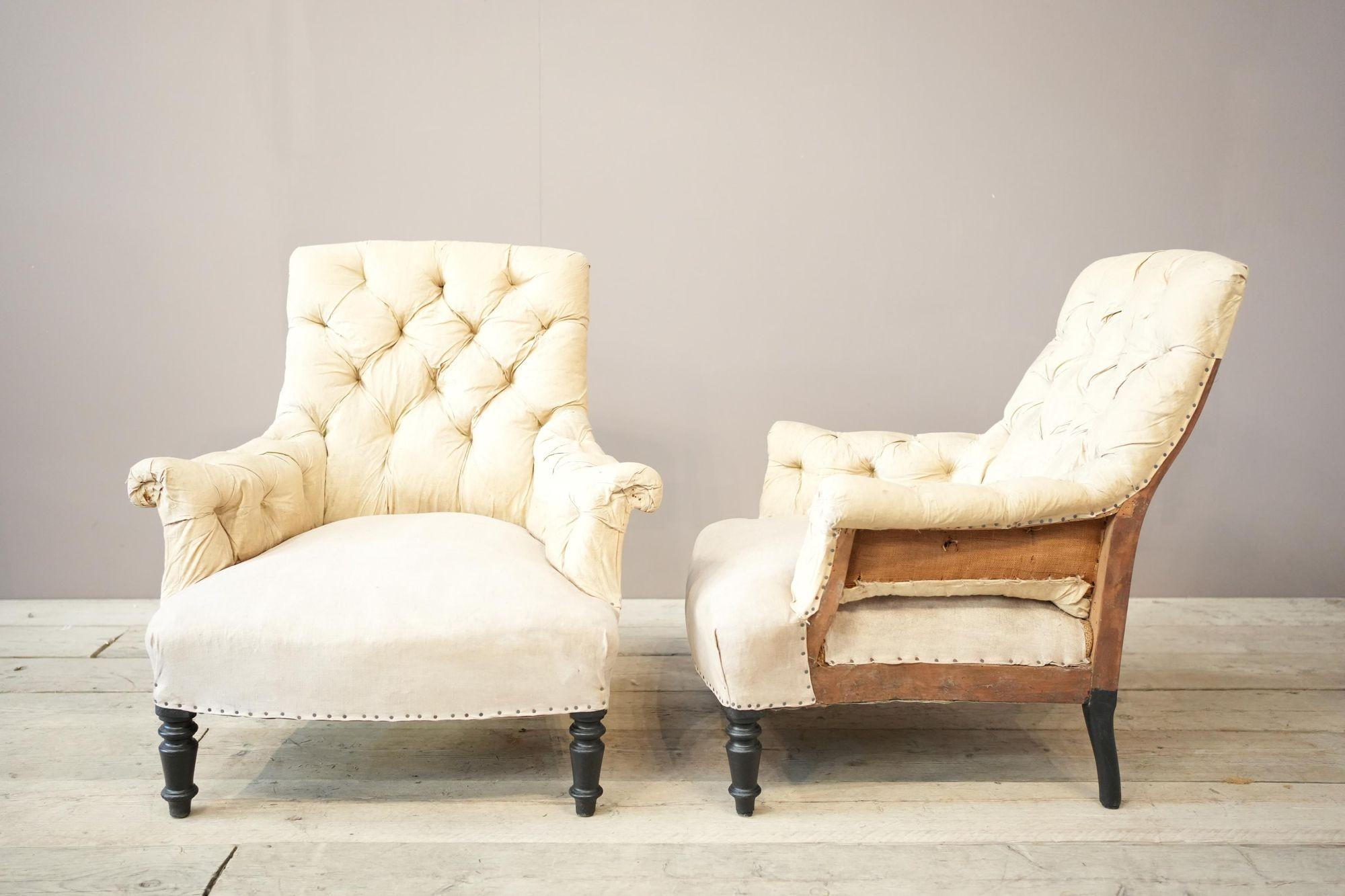 19th Century Pair of Napoleon III buttoned square back armchairs