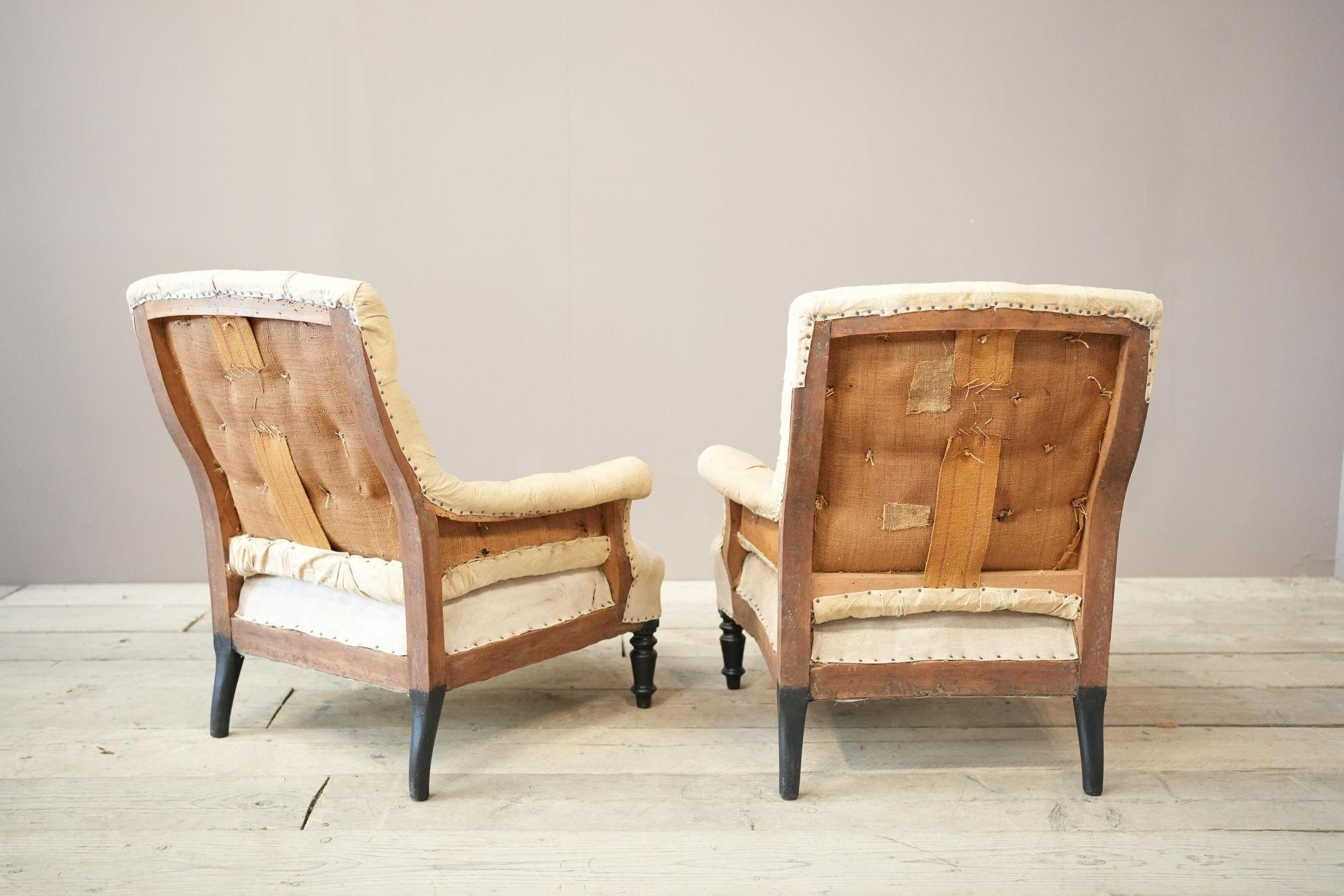 Upholstery Pair of Napoleon III buttoned square back armchairs