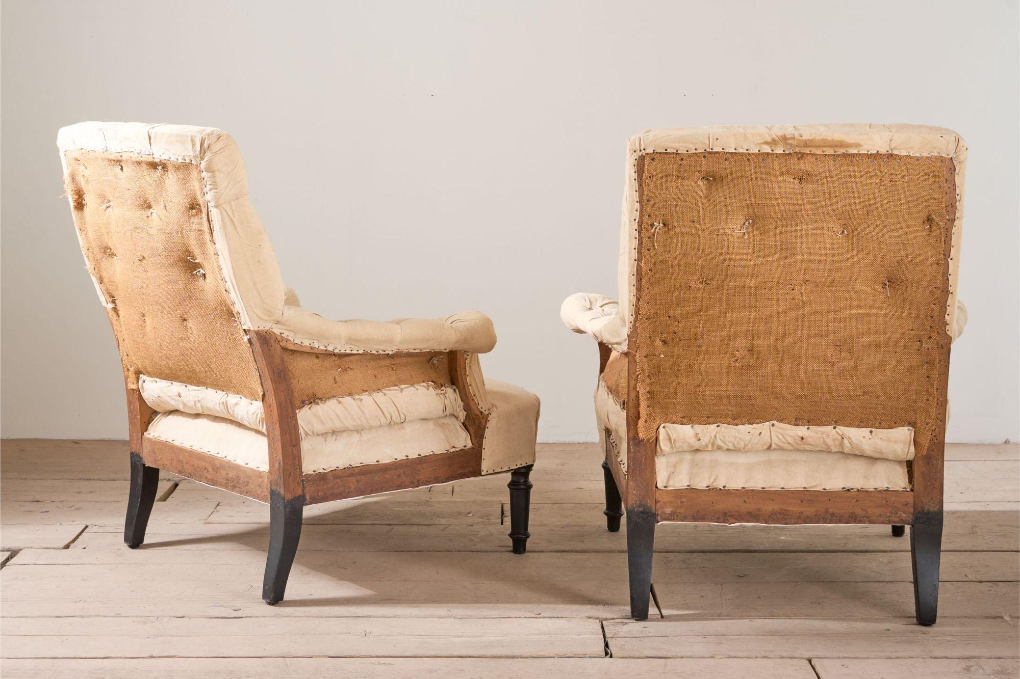 Beech Pair of Napoleon III buttoned square back armchairs For Sale